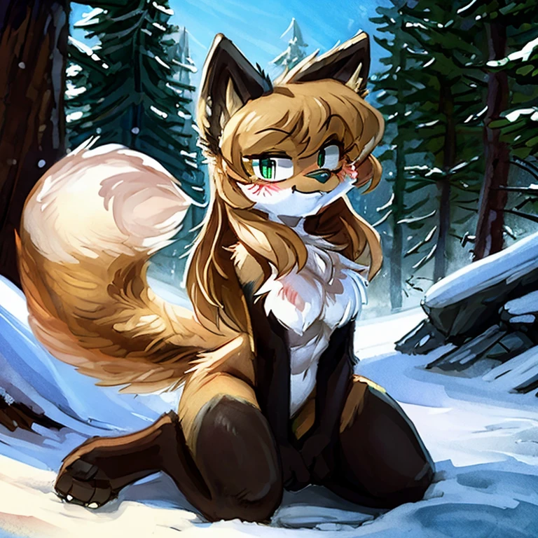 uploaded the e621, beautiful and detailed, woman (((female))) ((anthro)) Fox, (Averi, Fox girl), cinematic lighting, Fox, (anthro, fluffy fur), anthro fox girl, body fur, curvy, sexy, nice, cute, hot, comfortable anime-style cartoon-style, digital drawing, SFW, flat chest, chest fluff, blushing, green eyes, sassy, sassy hips, cute friendly smile, snow, forest, wet fur, heart, hearts, speech bubble, looking at viewer, close up, hugging viewer, petting, nuzzling viewer, on knees, two girls, Ross Tran, ruan jia, by Kenket