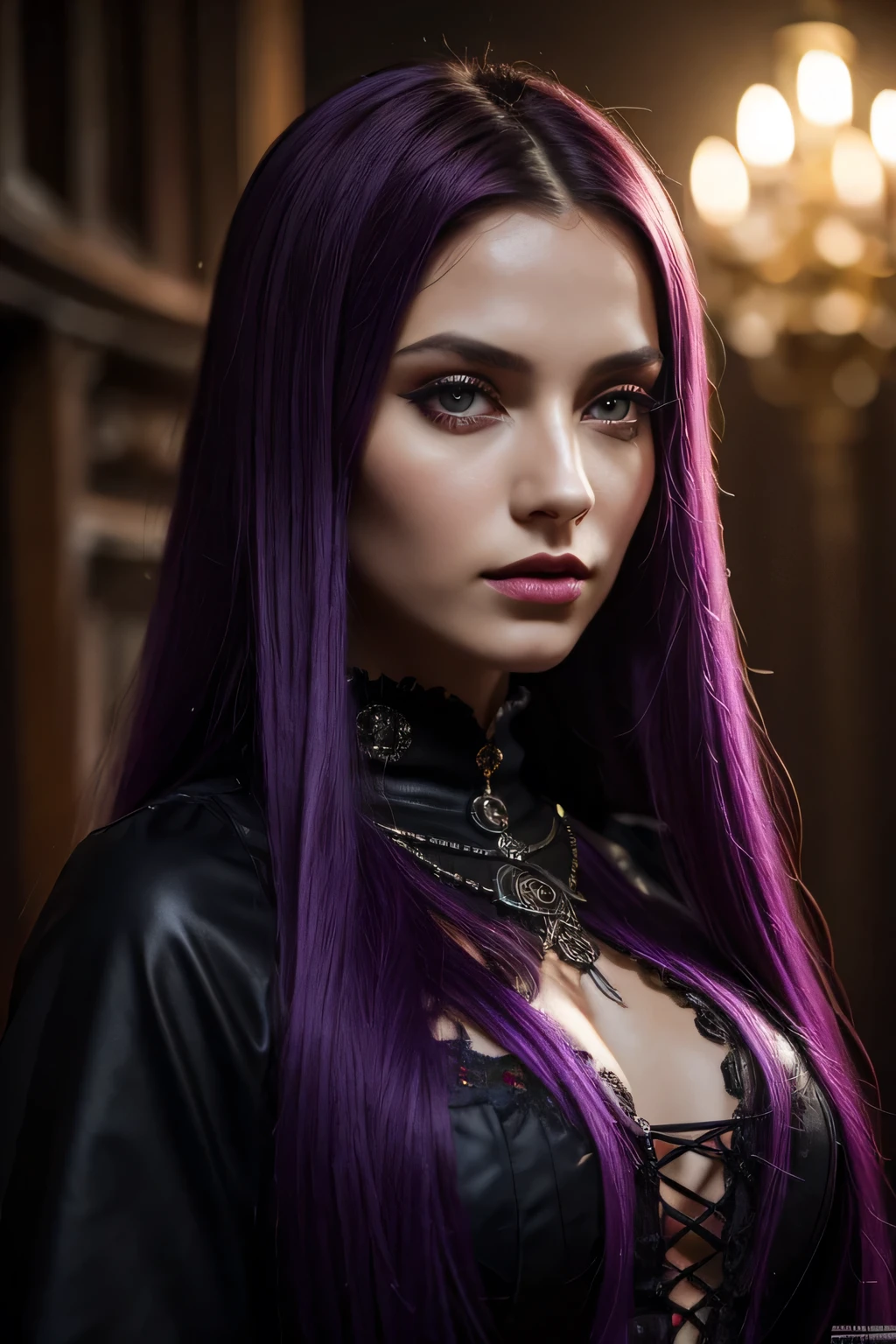 Woman, jellyfish, (feudal middle age:1.1), Slavic appearance, (long straight purple hair gradient pro red), (red eyes), (strong expression look), purple lipstick, fair skin, (black color gothic clothes with red details:1.1), yellow scales on the hands, cinematic lighting, mystical atmosphere, dynamic focus, ultra reality, ultra realistic, ultra quality, real, real texture:1.1, realistic clothes:1.1, 8k insaneres, absurd,
