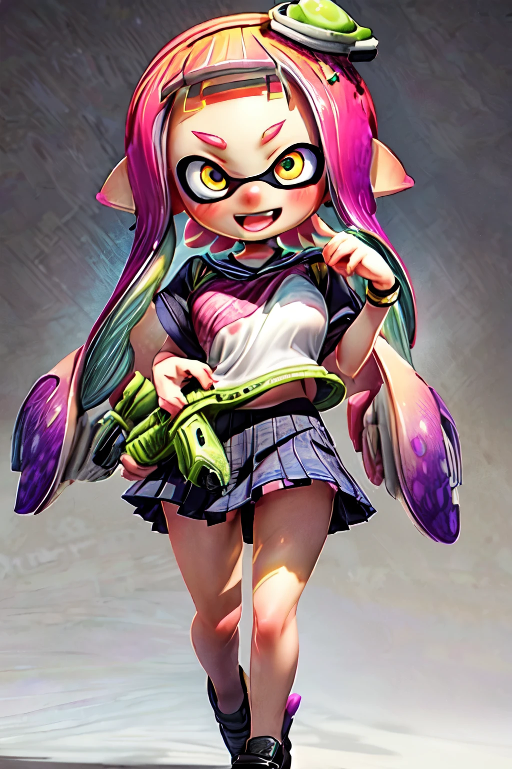 (masterpiece,Super detailed,highest quality,8k,CG,figure,Shaven:1.0),(Tall Splatoon Girl:1.2), Real Anime、3D、 Simple Background, jcf, One girl, Big and cute eyes、Golden Eyes、Prism color gradient tentacle hair、gigantic breast、shirt,skirt、blush、Open Mouth Smile、