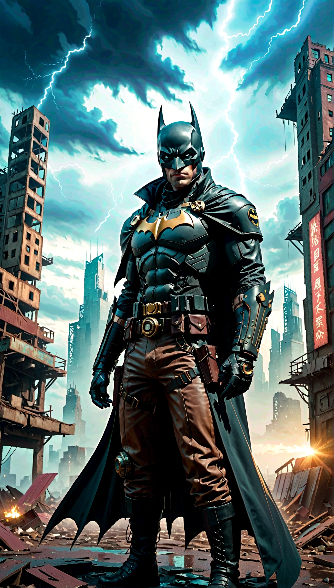 a postapocalyptic cyberpunk batman, dystopian borderlands landscape, steampunk outfit, detailed face and body, standbon rhebtop ofbskyscrapers ruins and look around, strong wind, clouds and lightning, dramatic lighting, cinematic composition, muted color palette, gritty textures, volumetric fog, shiny metal mechanical parts, worn leather and fabric, dramatic pose, high contrast, moody atmosphere, cinematic depth of field, volumetric god rays, hyper detailed, photorealistic, 8K, masterpiece, graphic novels illustration, comics, outline, sketch