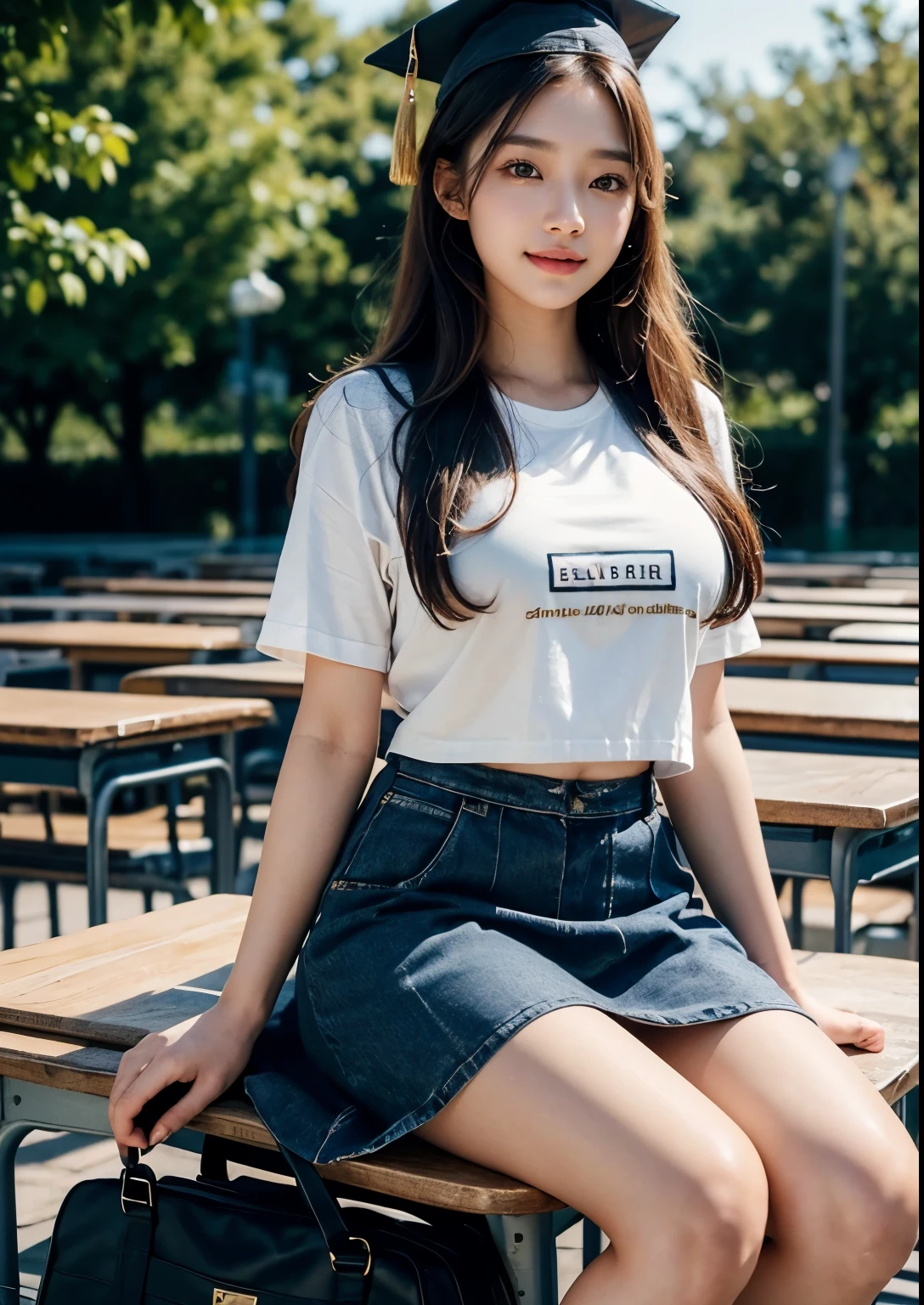 a beautiful 18 year old korean girl in a university costume t-shirt with an above knee length skirt, graduation taking costume, graduation cap, detailed face and eyes,flawless skin,long hair,elegant pose,beautiful detailed dress with intricate patterns,outdoor campus setting,golden hour lighting,vibrant colors,cinematic lighting,epic scale,highly detailed,photorealistic,masterpiece, beautiful face, realistic face, realistic skin, realistic smile, realistic atmosphere, every thing is realistic, cutest smile, realistic body, realistic body language, mouth watering beauty, upper body shot, cute face, stylish look, stylish angles, tempting eyes, realistic hands, realistic arms, realistic hand fingers, realistic legs, navel, Classroom, friends, Desks, Blackboard, lecturers, on going class, Beautiful Soft thighs, bright thighs, realistic thighs, college bag, super Round Young breasts, perfect figure