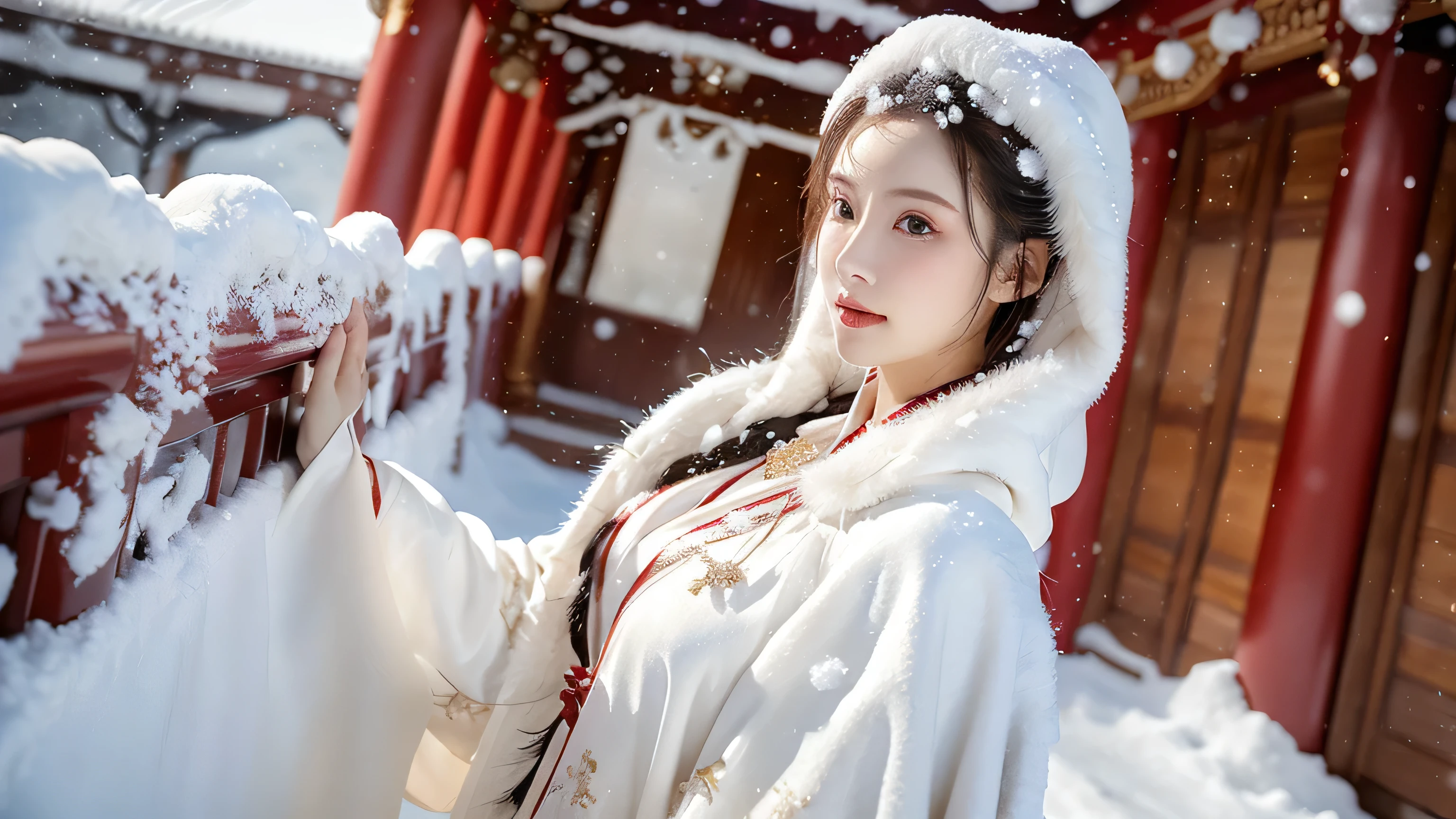 masterpiece, best quality, realistic, 8k, official art, cinematic light, ultra high res, 1girl, day, sunlight, light on face, huge breast, sexy, cleavage, (white hanfu), (Winter hanfu:1.2), (cloak:1.2), (snow:1.3),(upper body), open V chest,
French twist, jewelry ,necklace , Appalachian, nsfw, ((realistic detailed))
