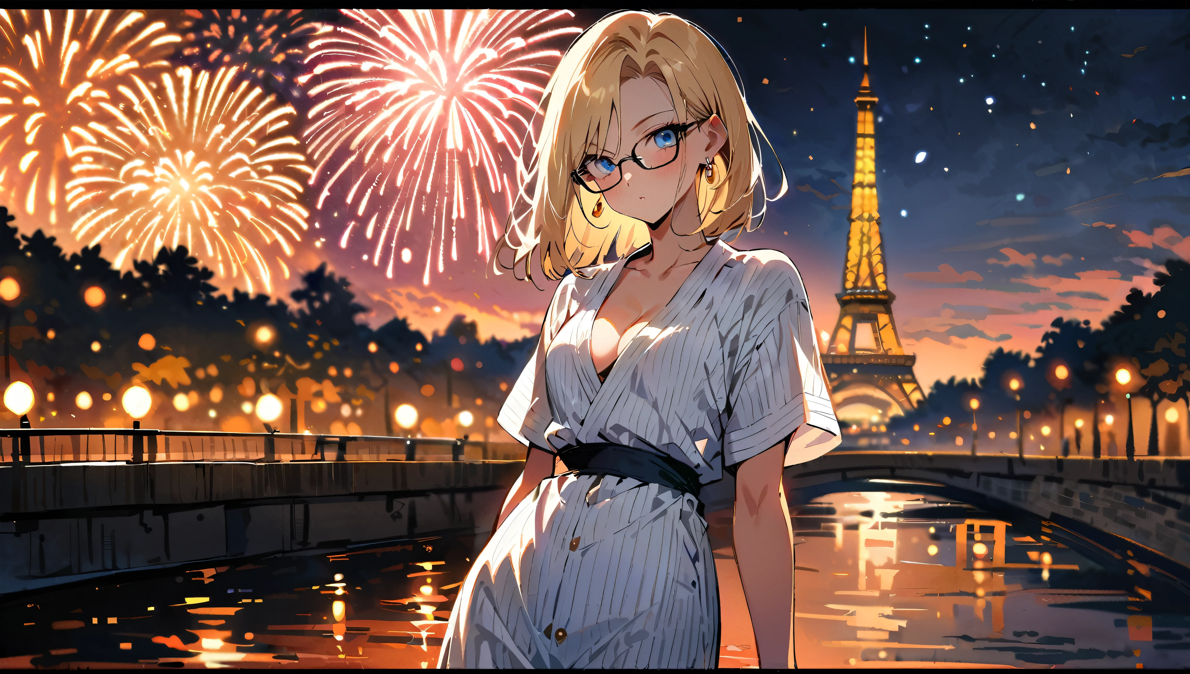 (masterpiece, best quality:1.2), solo, Android 18 from Dragon Ball, white yukata, stripe, Japanese sandals, small breasts, short blonde hair loose, ((blue eyes)), ((wearing glasses)), earrings on earlobes, slender feminine figure, narrow waistline, skinny body, head tilt, light blush, arms behind back, walking, the Eiffel Tower, riverside, natural lighting and shadows, night, firework display, cleavage, magnificent view, blur background, 4K
