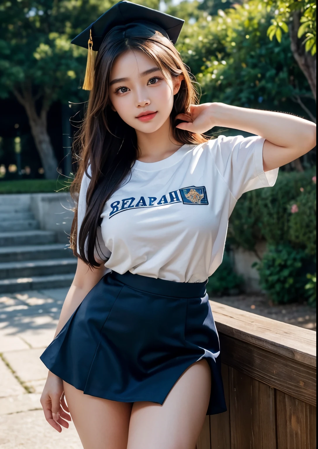 a beautiful 18 year old korean girl in a university costume t-shirt with an above knee length skirt, graduation taking costume, graduation cap, detailed face and eyes,flawless skin,long hair,elegant pose,beautiful detailed dress with intricate patterns,outdoor campus setting,golden hour lighting,vibrant colors,cinematic lighting,epic scale,highly detailed,photorealistic,masterpiece, beautiful face, realistic face, realistic skin, realistic smile, realistic atmosphere, every thing is realistic, cutest smile, realistic body, realistic body language, mouth watering beauty, upper body shot, cute face, stylish look, stylish angles, tempting eyes, realistic hands, realistic arms, realistic hand fingers, realistic legs, navel, Classroom, friends, Desks, Blackboard, lecturers, on going class, Beautiful Soft thighs, bright thighs, realistic thighs, college bag, super Round Young breasts, perfect figure