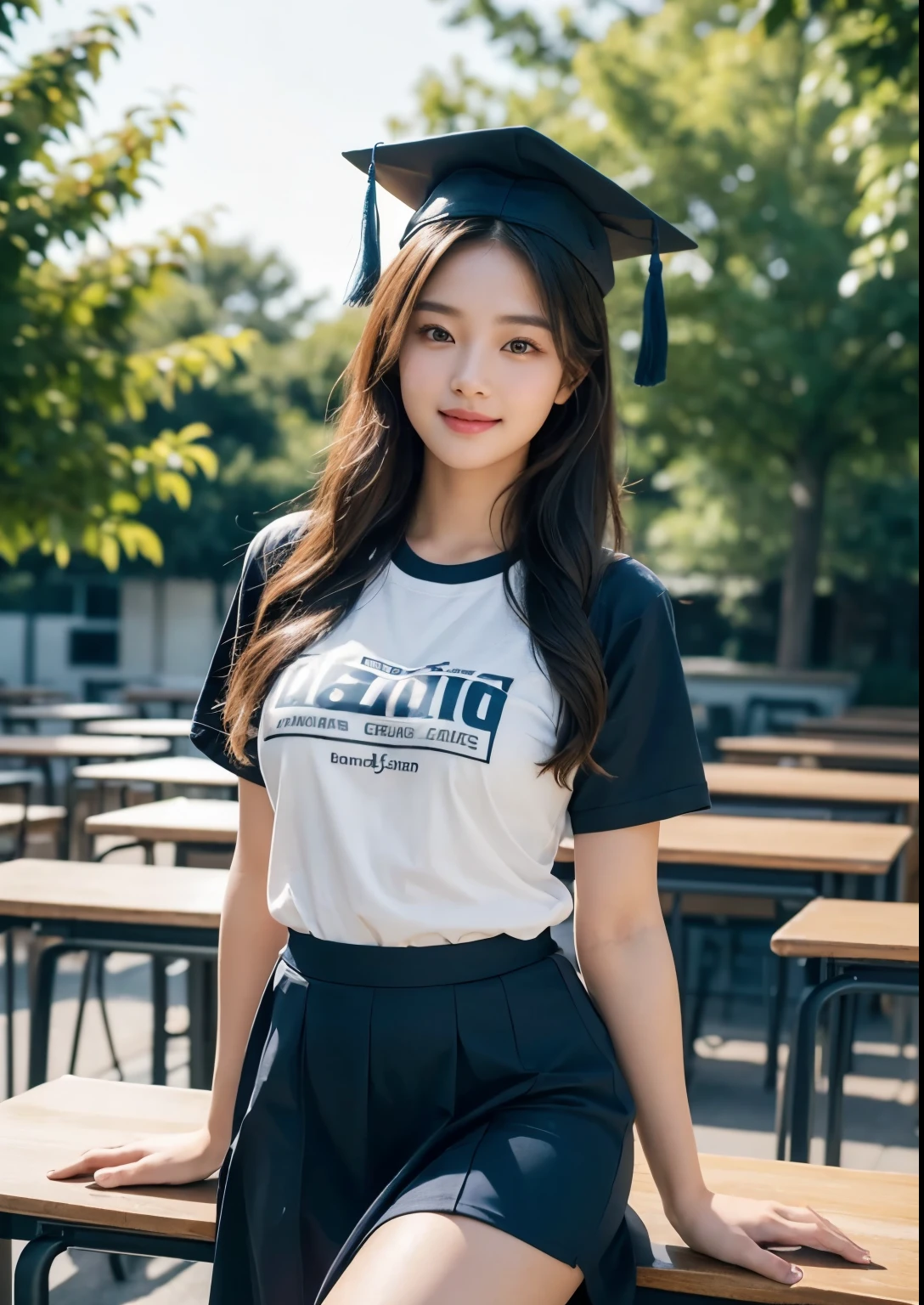 a beautiful 18 year old korean girl in a university costume t-shirt with an above knee length skirt, graduation taking costume, graduation cap, detailed face and eyes,flawless skin,long hair,elegant pose,beautiful detailed dress with intricate patterns,outdoor campus setting,golden hour lighting,vibrant colors,cinematic lighting,epic scale,highly detailed,photorealistic,masterpiece, beautiful face, realistic face, realistic skin, realistic smile, realistic atmosphere, every thing is realistic, cutest smile, realistic body, realistic body language, mouth watering beauty, upper body shot, cute face, stylish look, stylish angles, tempting eyes, realistic hands, realistic arms, realistic hand fingers, realistic legs, navel, Classroom, friends, Desks, Blackboard, lecturers, on going class, Beautiful Soft thighs, bright thighs, realistic thighs, college bag, 