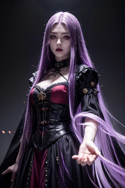 Woman, jellyfish, (feudal middle age:1.1), Slavic appearance, (long straight purple hair gradient pro red), (red eyes), (strong expression look), purple lipstick, fair skin, (black color gothic clothes with red details:1.1), yellow scales on the hands, cinematic lighting, mystical atmosphere, dynamic focus, ultra reality, ultra realistic, ultra quality, real, real texture:1.1, realistic clothes:1.1, 8k insaneres,  absurd,