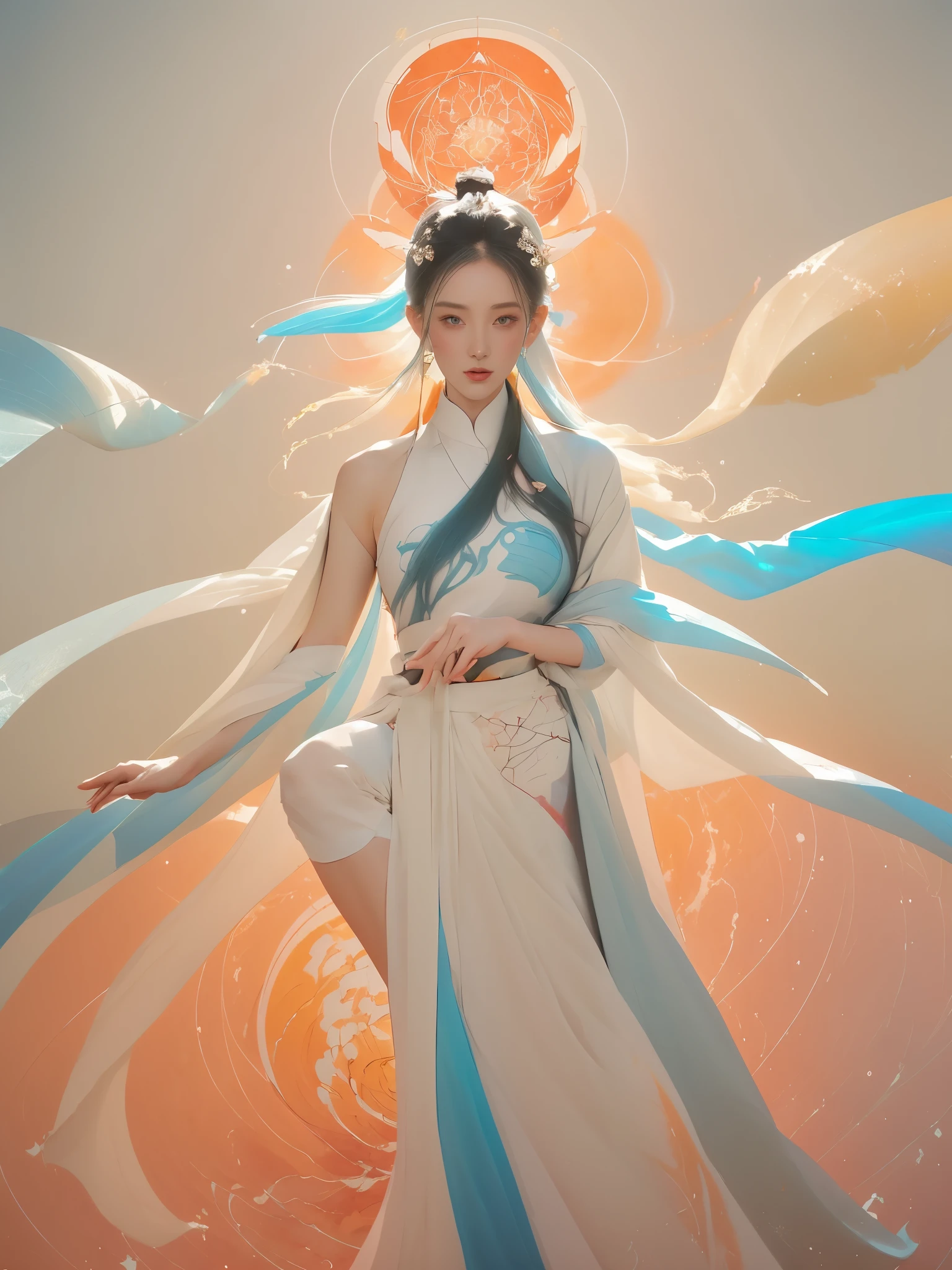 (1 Girl:1.4),Solitary, Gorgeous, Extremely detailed,(Joshua Middleton Comic Cover Art:1.1), (Action painting:1.2),(Concretism:1.2),(Hyperpolarization:1.5),rich and colorful,The most detailed,white gray background, White Hanfu, Pastel colors, (masterpiece, Top quality, best quality, Official Art, beautiful and aesthetic:1.2),