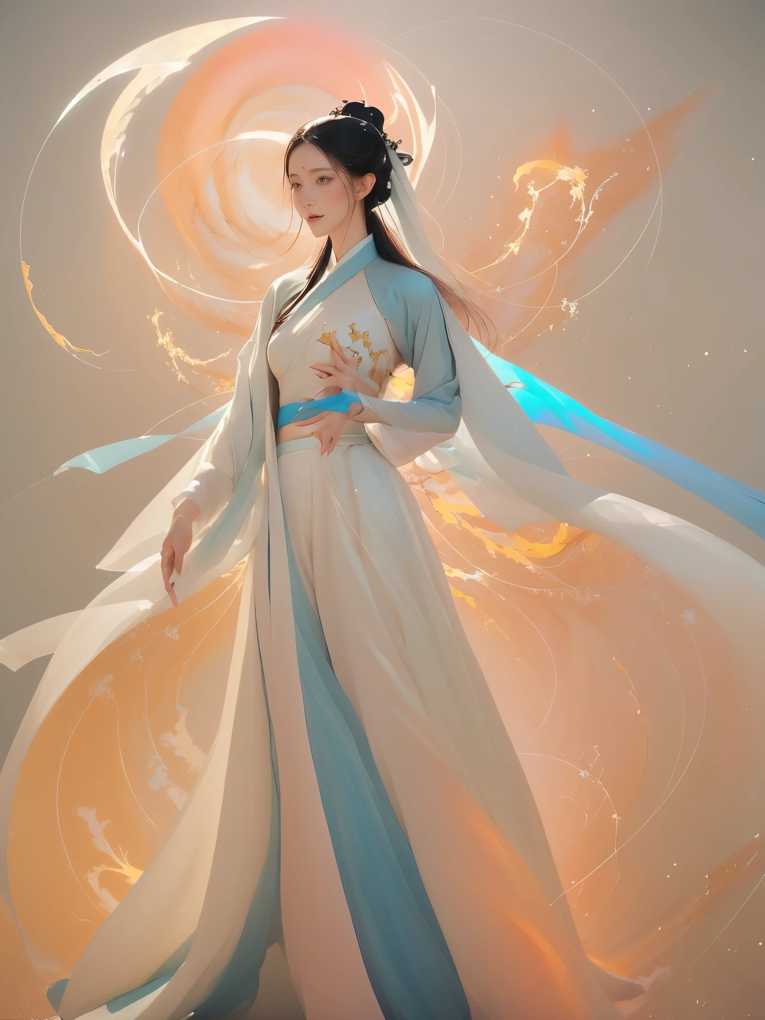 (1 Girl:1.4),Solitary, Gorgeous, Extremely detailed,(Joshua Middleton Comic Cover Art:1.1), (Action painting:1.2),(Concretism:1.2),(Hyperpolarization:1.5),rich and colorful,The most detailed,white gray background, White Hanfu, Pastel colors, (masterpiece, Top quality, best quality, Official Art, beautiful and aesthetic:1.2),