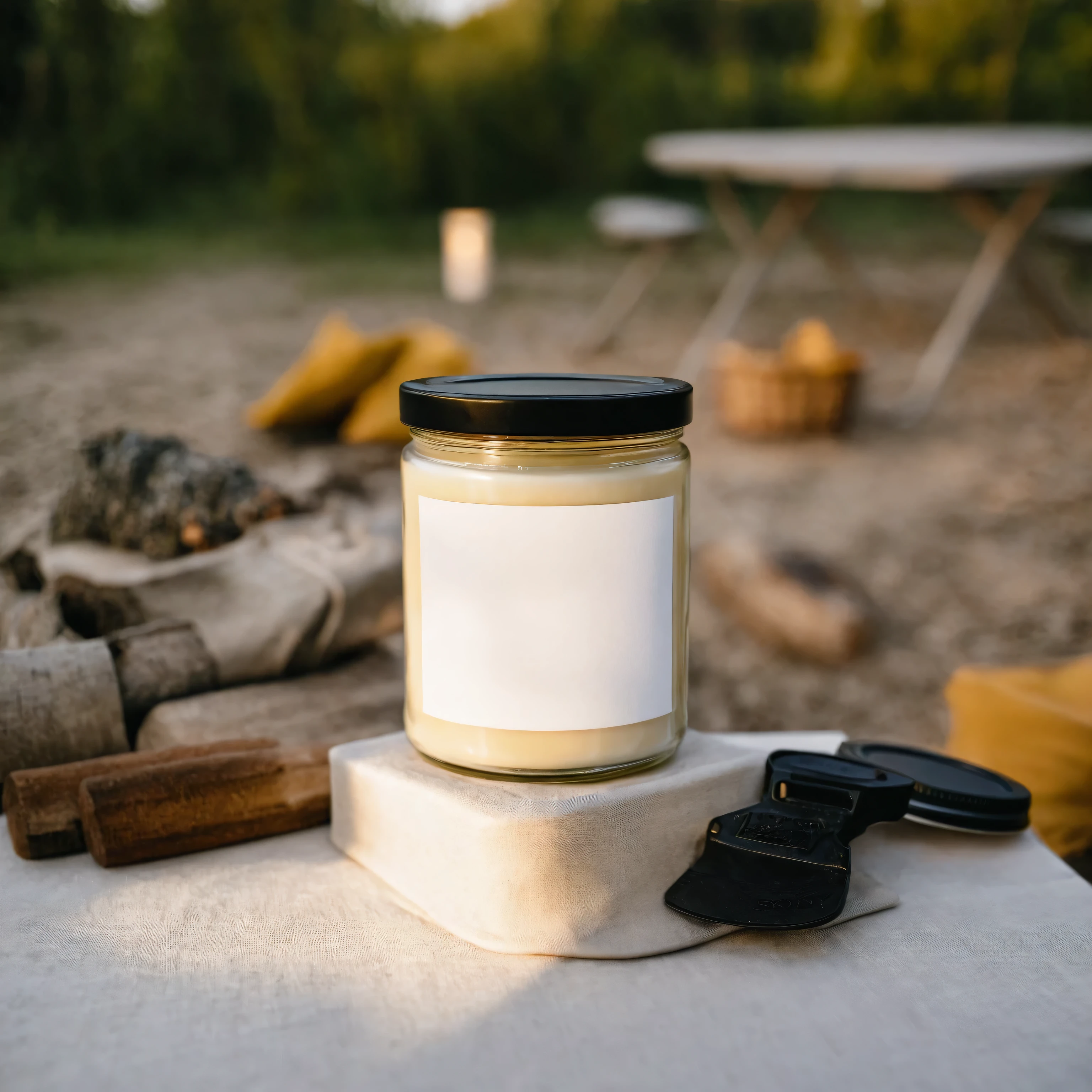 Mockup empty, a blank small beige candle in a jar with white label and black lid standing on a picknic table with outdoor camping in the background, evening,, sony 17 camera, 50mm lens, atmospheric lighting