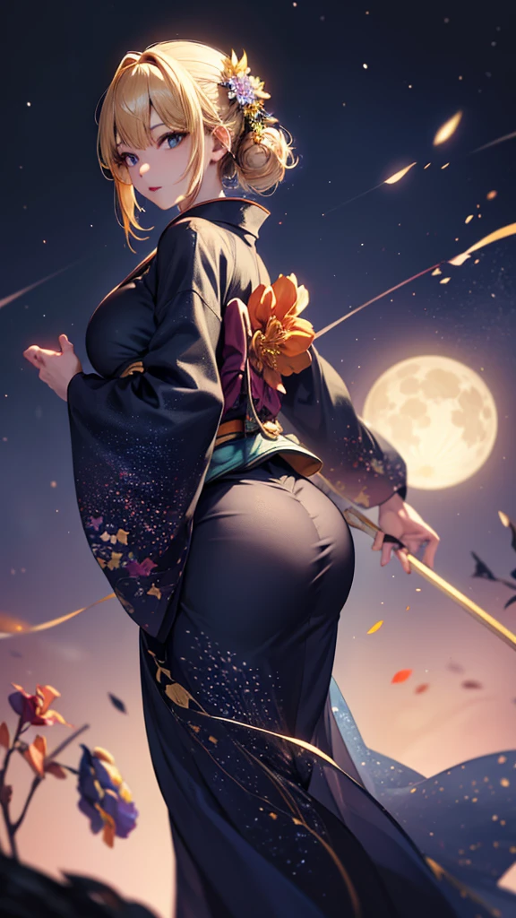 masterpiece, high quality, 4K, Beautiful design, silhouette，blonde， 非常に詳細な夜のStarry Sky,Flower Field， wonderful, Finer details,  Very knowledgeable woman, Highly detailed solo, 1 female,Big Breasts，Big Butt，kimono，Night view，Starry Sky，full moon，