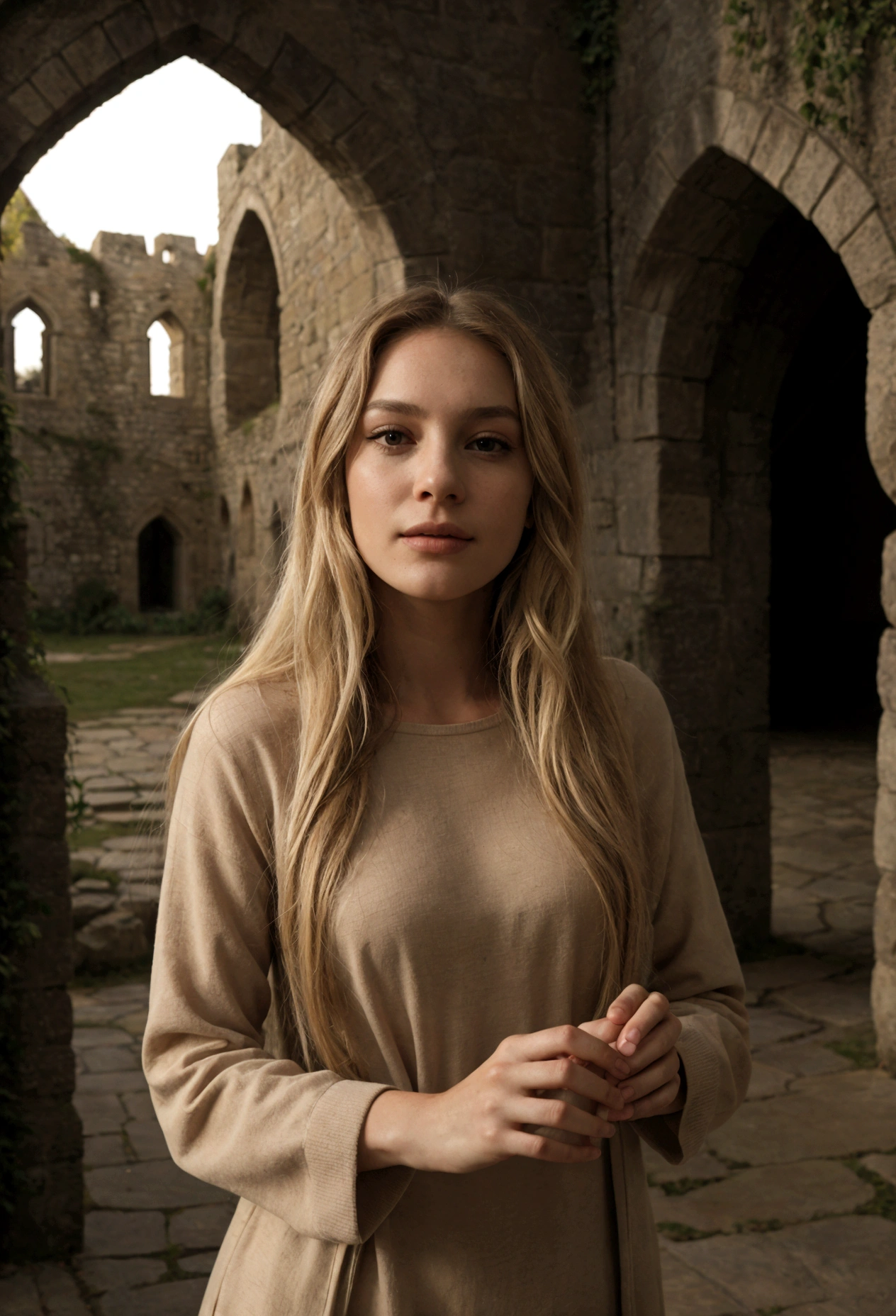 1 woman realistic, American, beautiful, (selfie, happy), Shooting in a historic castle tent at twilight, Ancient stone walls and gothic arches backlight, Tent Open Sign, Ultra-detailed, Solo, exteriors, majestic castle, historic ruins backdrop, Nature (timeless elegance), cheerful, happy, Cosy in a chic, modern outfit contrasting with the old-world charm, Inside the tent, When you open the tent, views of the castle's grandeur with soft twilight illuminating the ancient masonry, shadowy contrasts, a mysterious atmosphere, analog style, looking up at viewer, skin texture, warm hue, warm tone, Cinematic light, Sidelighting, ultra-Highres, best shadows, wearing an elegant pullover, Relaxed and intimate photos, with long blond hair., film grain, close-up, Masterpiece, Best Quality