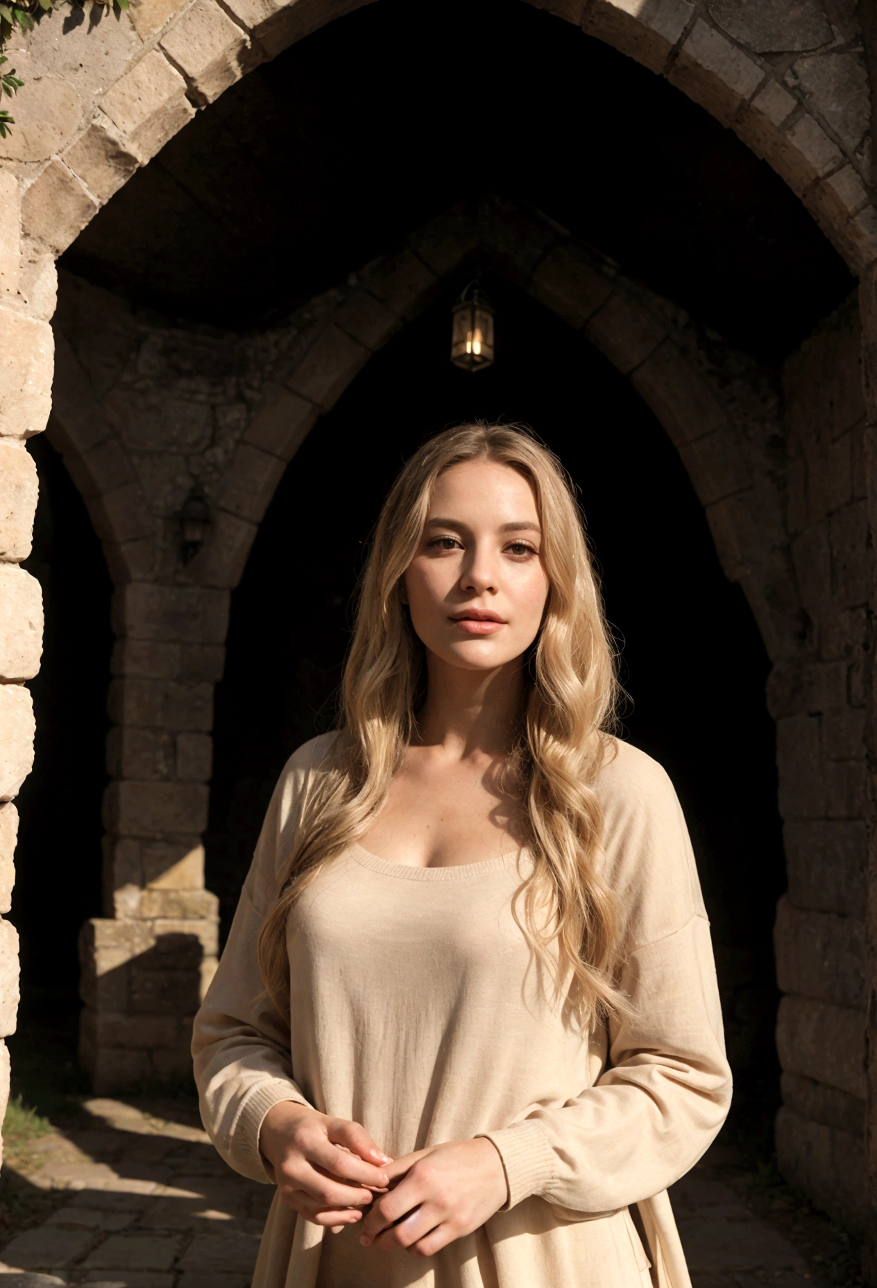 1 woman realistic, American, beautiful, (selfie, happy), Shooting in a historic castle tent at twilight, Ancient stone walls and gothic arches backlight, Tent Open Sign, Ultra-detailed, Solo, exteriors, majestic castle, historic ruins backdrop, Nature (timeless elegance), cheerful, happy, Cosy in a chic, modern outfit contrasting with the old-world charm, Inside the tent, When you open the tent, views of the castle's grandeur with soft twilight illuminating the ancient masonry, shadowy contrasts, a mysterious atmosphere, analog style, looking up at viewer, skin texture, warm hue, warm tone, Cinematic light, Sidelighting, ultra-Highres, best shadows, wearing an elegant pullover, Relaxed and intimate photos, with long blond hair., film grain, close-up, Masterpiece, Best Quality
