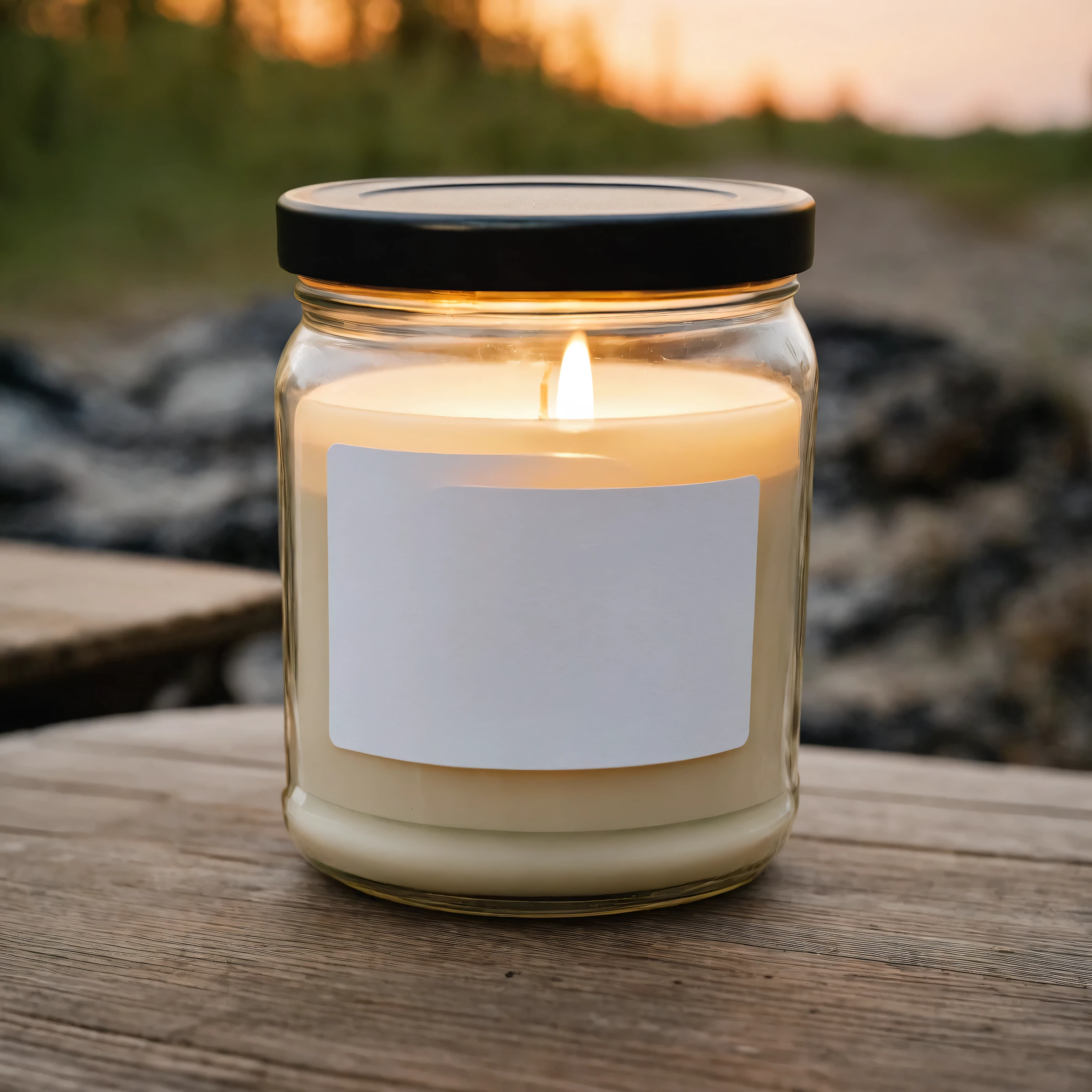 Mockup empty, a blank small beige candle in a jar with white label and black lid standing on a picknic table with outdoor camping in the background, evening,, sony 17 camera, 50mm lens, atmospheric lighting