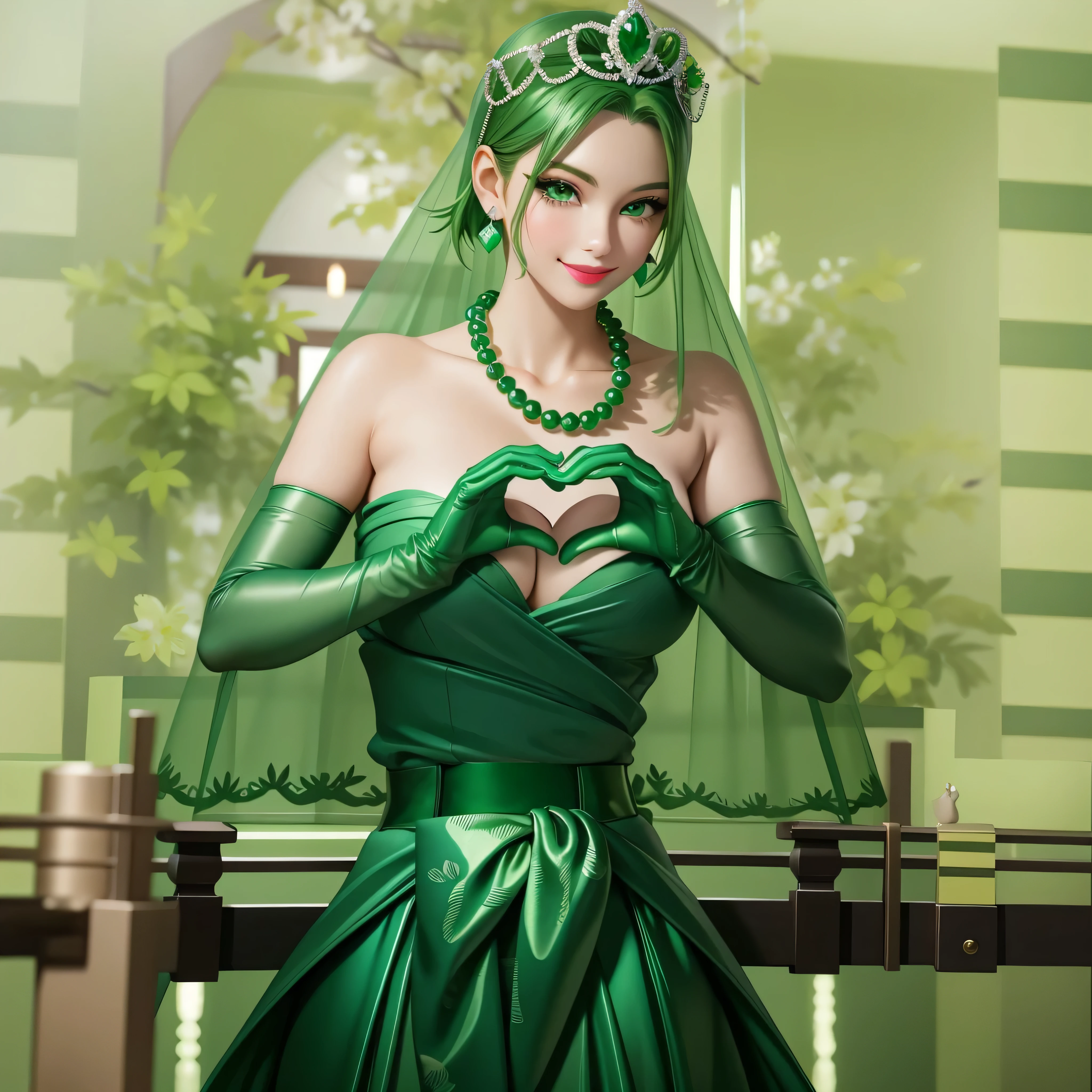 Emerald tiara, Green Pearl Necklace, Boyish very short green hair, Green Lips, Smiling Japanese woman, Very short hair, Busty beautiful lady, Green Eyes, Green satin long gloves, Green Eyes, Emerald Earrings, Green veil, Heart with both hands, Green Hair, Beautiful Japanese Woman, Heart shaped hands:1.3, green lip gloss