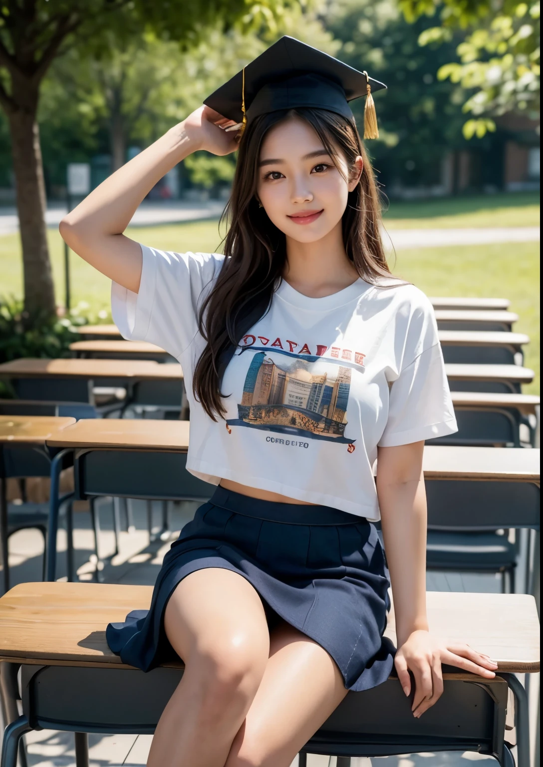 a beautiful 18 year old korean girl in a university costume t-shirt with an above knee length skirt, graduation taking costume, graduation cap, detailed face and eyes,flawless skin,long hair,elegant pose,beautiful detailed dress with intricate patterns,outdoor campus setting,golden hour lighting,vibrant colors,cinematic lighting,epic scale,highly detailed,photorealistic,masterpiece, beautiful face, realistic face, realistic skin, realistic smile, realistic atmosphere, every thing is realistic, cutest smile, realistic body, realistic body language, mouth watering beauty, upper body shot, cute face, stylish look, stylish angles, tempting eyes, realistic hands, realistic arms, realistic hand fingers, realistic legs, navel, Classroom, friends, Desks, Blackboard, lecturers, on going class, Beautiful Soft thighs, bright thighs, realistic thighs, college bag,
