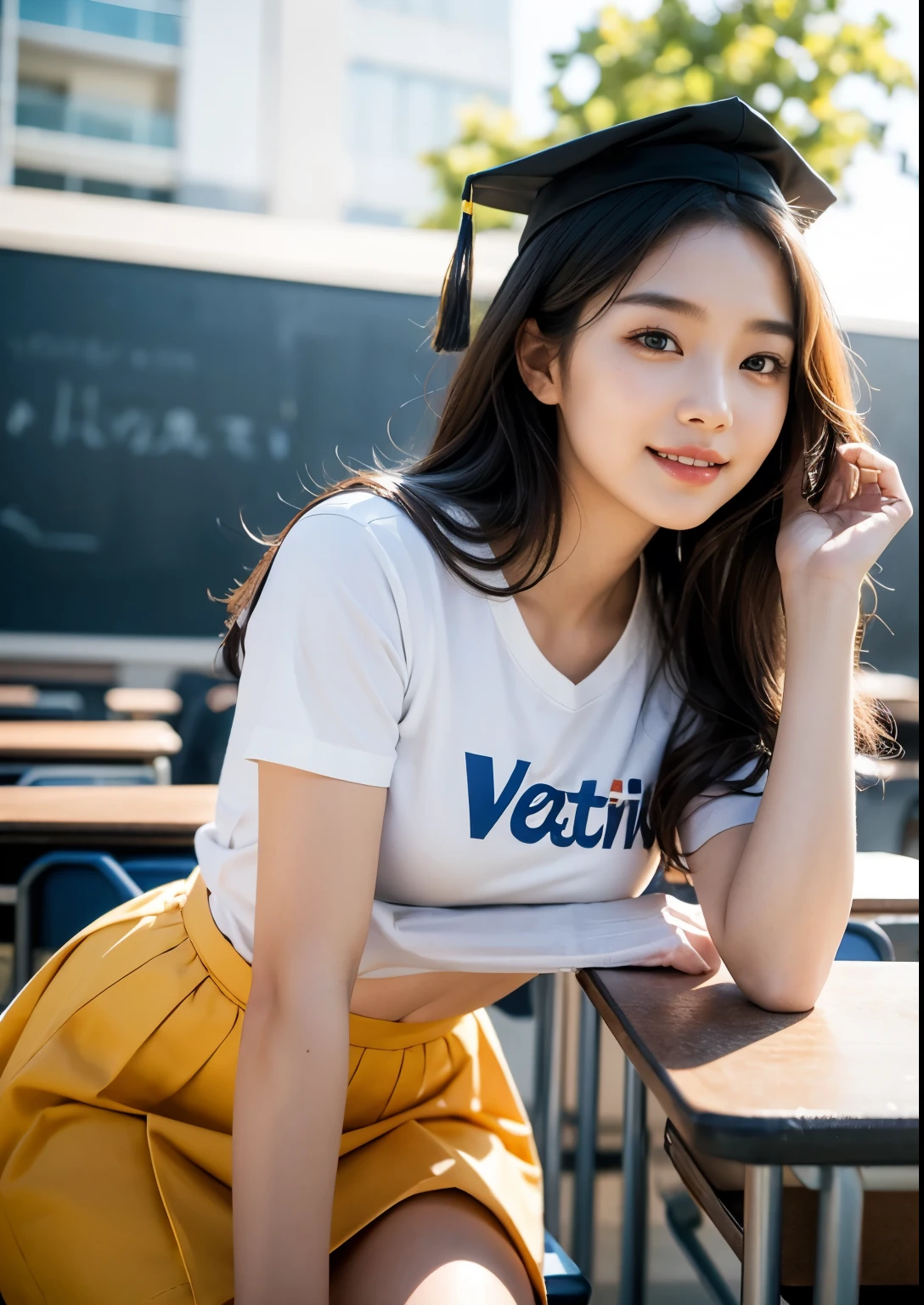 a beautiful 18 year old korean girl in a university costume t-shirt with an above knee length skirt, graduation taking costume, graduation cap, detailed face and eyes,flawless skin,long hair,elegant pose,beautiful detailed dress with intricate patterns,outdoor campus setting,golden hour lighting,vibrant colors,cinematic lighting,epic scale,highly detailed,photorealistic,masterpiece, beautiful face, realistic face, realistic skin, realistic smile, realistic atmosphere, every thing is realistic, cutest smile, realistic body, realistic body language, mouth watering beauty, upper body shot, cute face, stylish look, stylish angles, tempting eyes, realistic hands, realistic arms, realistic hand fingers, realistic legs, navel, Classroom, friends, Desks, Blackboard, lecturers, on going class, Beautiful Soft thighs, bright thighs, realistic thighs, college bag,