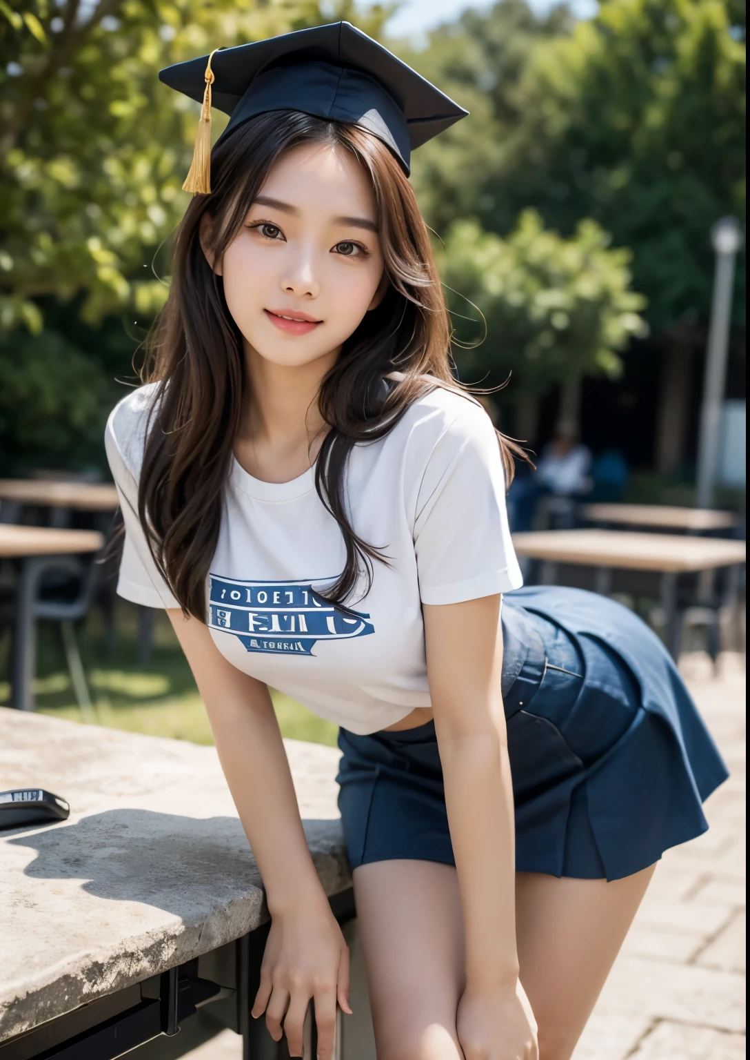 a beautiful 18 year old korean girl in a university costume t-shirt with an above knee length skirt, graduation taking costume, graduation cap, detailed face and eyes,flawless skin,long hair,elegant pose,beautiful detailed dress with intricate patterns,outdoor campus setting,golden hour lighting,vibrant colors,cinematic lighting,epic scale,highly detailed,photorealistic,masterpiece, beautiful face, realistic face, realistic skin, realistic smile, realistic atmosphere, every thing is realistic, cutest smile, realistic body, realistic body language, mouth watering beauty, upper body shot, cute face, stylish look, stylish angles, tempting eyes, realistic hands, realistic arms, realistic hand fingers, realistic legs, navel, Classroom, friends, Desks, Blackboard, lecturers, on going class, Beautiful Soft thighs, bright thighs, realistic thighs, college bag, 