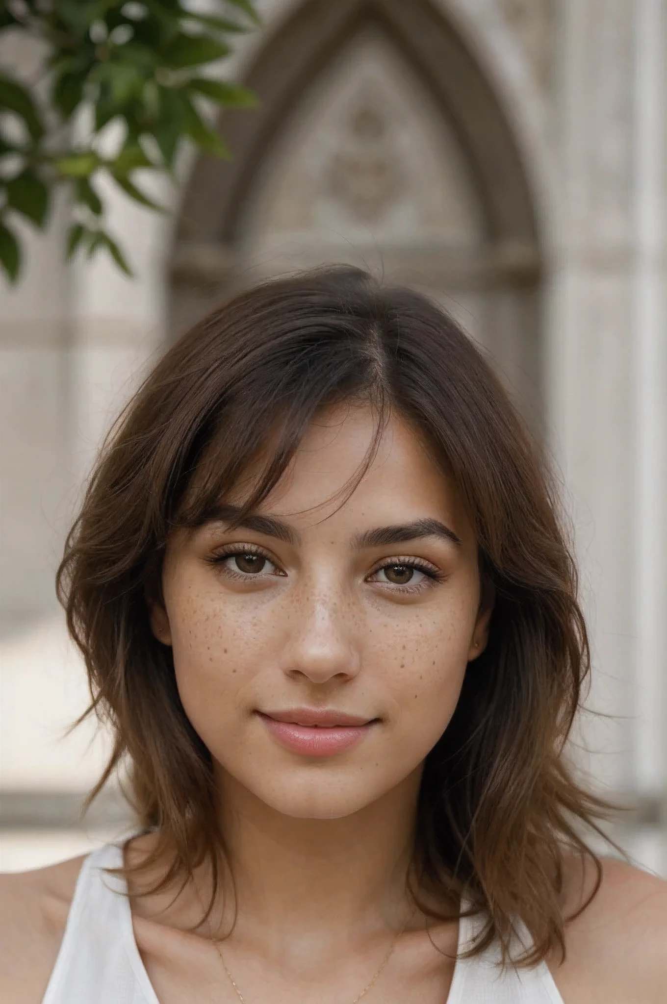 Create a photorealistic image of the face of a young, brunette woman of Latin origin, with captivating beauty and a lightly tanned complexion. His face must be harmonious and detailed, reflecting radiant and natural skin. Ses cheveux bruns, long and slightly wavy, encadrent délicatement son visage, falling in light strands.

Ses yeux sont grands et expressifs, d'une couleur noisette profonde, avec des cils longs et épais qui ajoutent de l'intensité à son regard. Son regard doit être vivant, with realistic details like light reflections and natural iris texture. Her eyebrows are well defined, thick but elegant, ajoutant de la structure à son visage.

Her lips are full and slightly pink, avec une texture naturelle et des nuances subtiles pour un effet réaliste. They form a sweet and seductive smile, révélant des dents blanches et bien alignées. Her cheekbones are slightly protruding, adding dimension to her face.

Additional details :

    La texture de sa peau doit montrer de légères imperfections naturelles, such as small freckles or slight redness, pour un effet réaliste.
    Her cheeks have a slight rosy tint, indicating good health and vibrant youth.
    Les ombres et les reflets sur son visage doivent être subtilement rendus pour créer une profondeur réaliste.
    Her hair strands should have detailed texture, with light reflections capturing their natural shine.