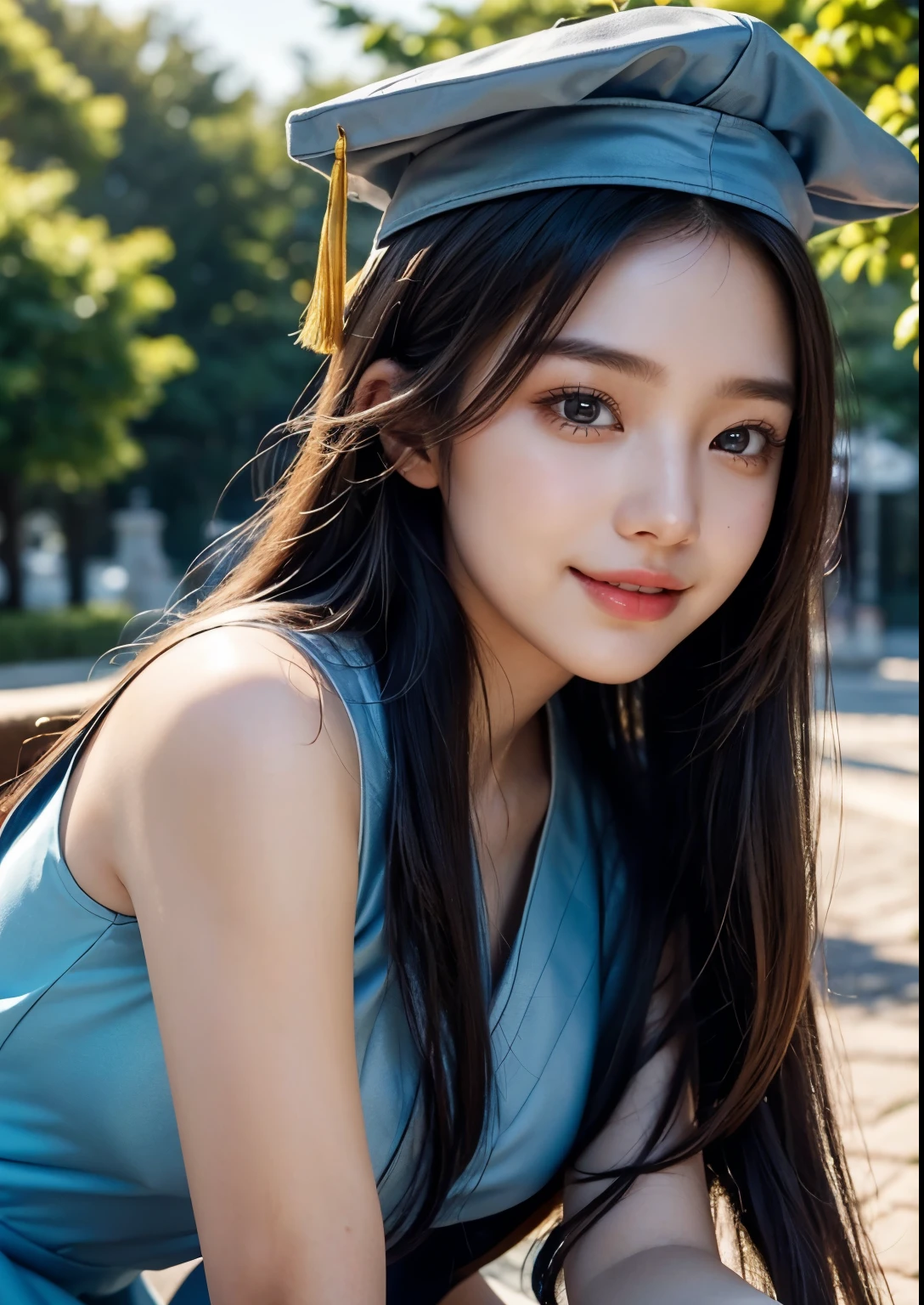 a beautiful 18 year old korean girl in a university costume with an above knee length dress, graduation taking costume, graduation cap, detailed face and eyes,flawless skin,long hair,elegant pose,beautiful detailed dress with intricate patterns,outdoor campus setting,golden hour lighting,vibrant colors,cinematic lighting,epic scale,highly detailed,photorealistic,masterpiece, beautiful face, realistic face, realistic skin, realistic smile, realistic atmosphere, every thing is realistic, cutest smile, realistic body, realistic body language, mouth watering beauty, upper body shot, cute face, stylish look, stylish angles, tempting eyes, realistic hands, realistic arms, realistic hand fingers, realistic legs, navel,