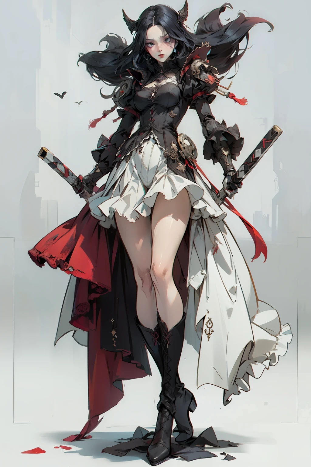 ((best quality)), ((masterpiece)), (detailed), blank white background, plain background, white background, red and white clothing, Bloodborne aesthetic, occult aesthetic, occult, occult paraphernalia, detailed and intricate steampunk and detailed gothic, NSFW, Very dramatic and cinematic lighting, cosmic horror, grim-dark, side-lighting, perfect face, NSFW, Fluttering lace flared dress with frilly petticoats, pleated petticoats, petticoats, complex lace boots, side-lighting, gothic aesthetic, wielding mighty mechanical melee weapons, mechanical components, carbine, NSFW, beautiful small breasts, small breasts, full body, whole body, body, plain background, white background, blank background, no background, white background NSFW, full body, whole body, head-to-toe dynamic poses NSFW