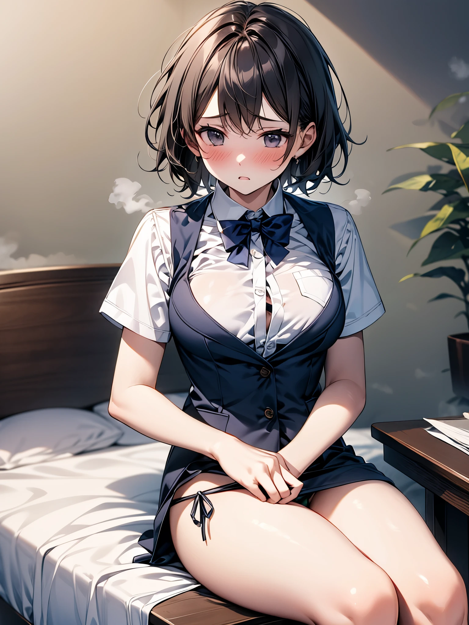 Beautiful woman, (Perfect Anatomy), Slender、(OL、White short sleeve shirt、vest、bow tie, detailed side tie panty), (Look down), (Pussy juice:1.1)、(Hug your chest)、20-year-old、(highest quality)、Black Hair, short hair、 Messy Hair、bedroom、Sitting on the bed、(Cutting seat), (8k, High resolution)、(Embarrassing:1.4)、(blush:1.1), medium breast, (steam:1.1), embarrassed,