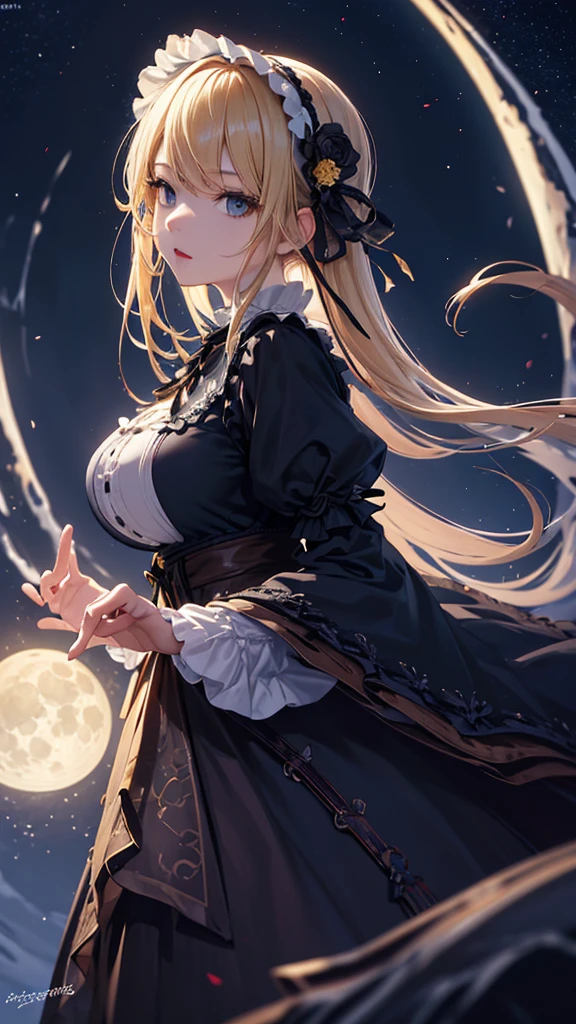 masterpiece, high quality, 4K, Beautiful design, silhouette,blonde, 非常に詳細な夜のStarry Sky,Flower Field, wonderful, Finer details, Very knowledgeable woman, Highly detailed solo, 1 female,Big Breasts,Gothic Lolita Fashion,Night view,Starry Sky,full moon,