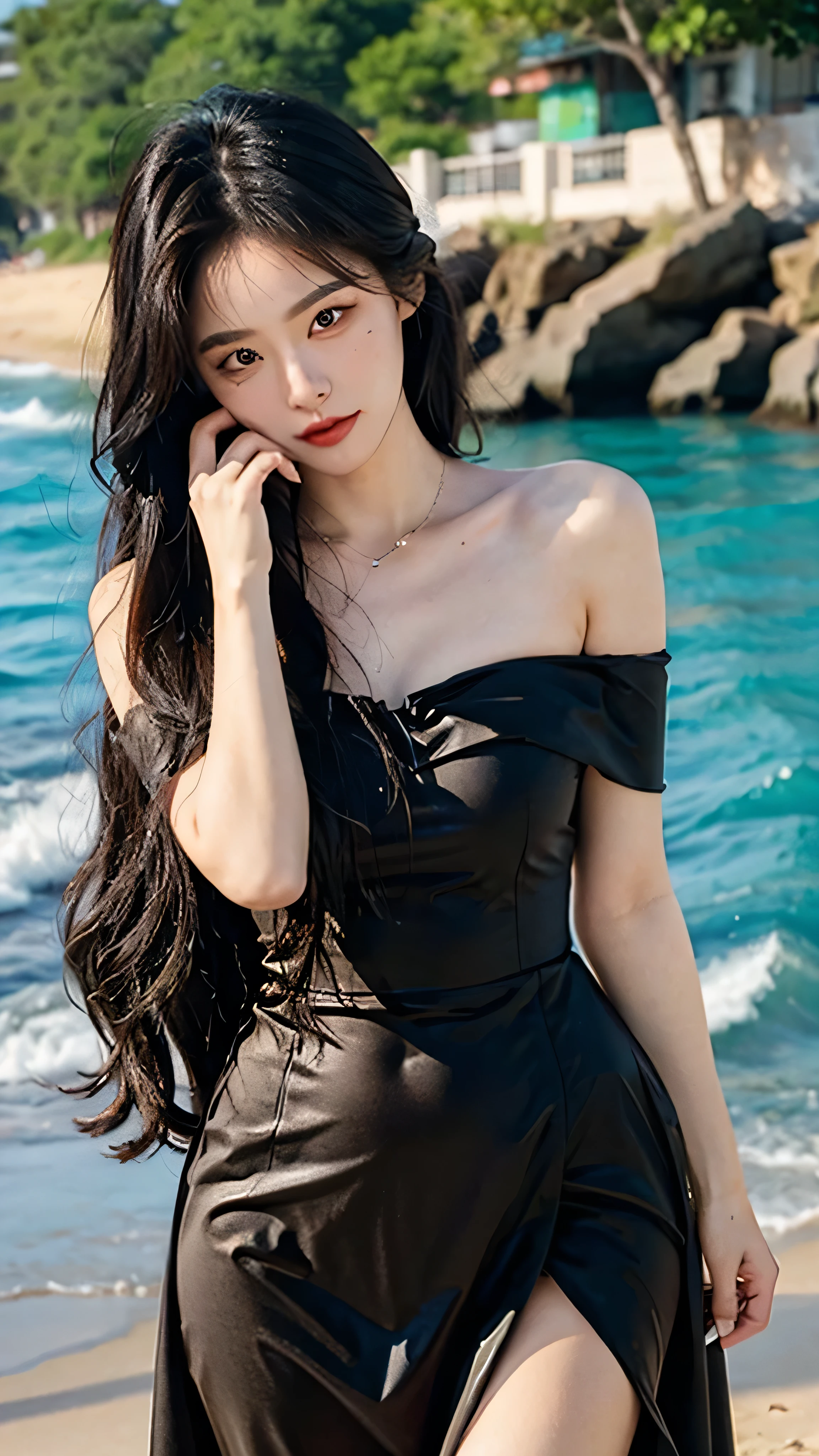 A sweet girl by the beach,voluminous hair,Delicate face,Photorealsitic,of a real,largeaperture,wears a black dress,A cropped dress,Off-the-shoulder,A dress around the neck,Slim,sexy for,Ultra-high resolution