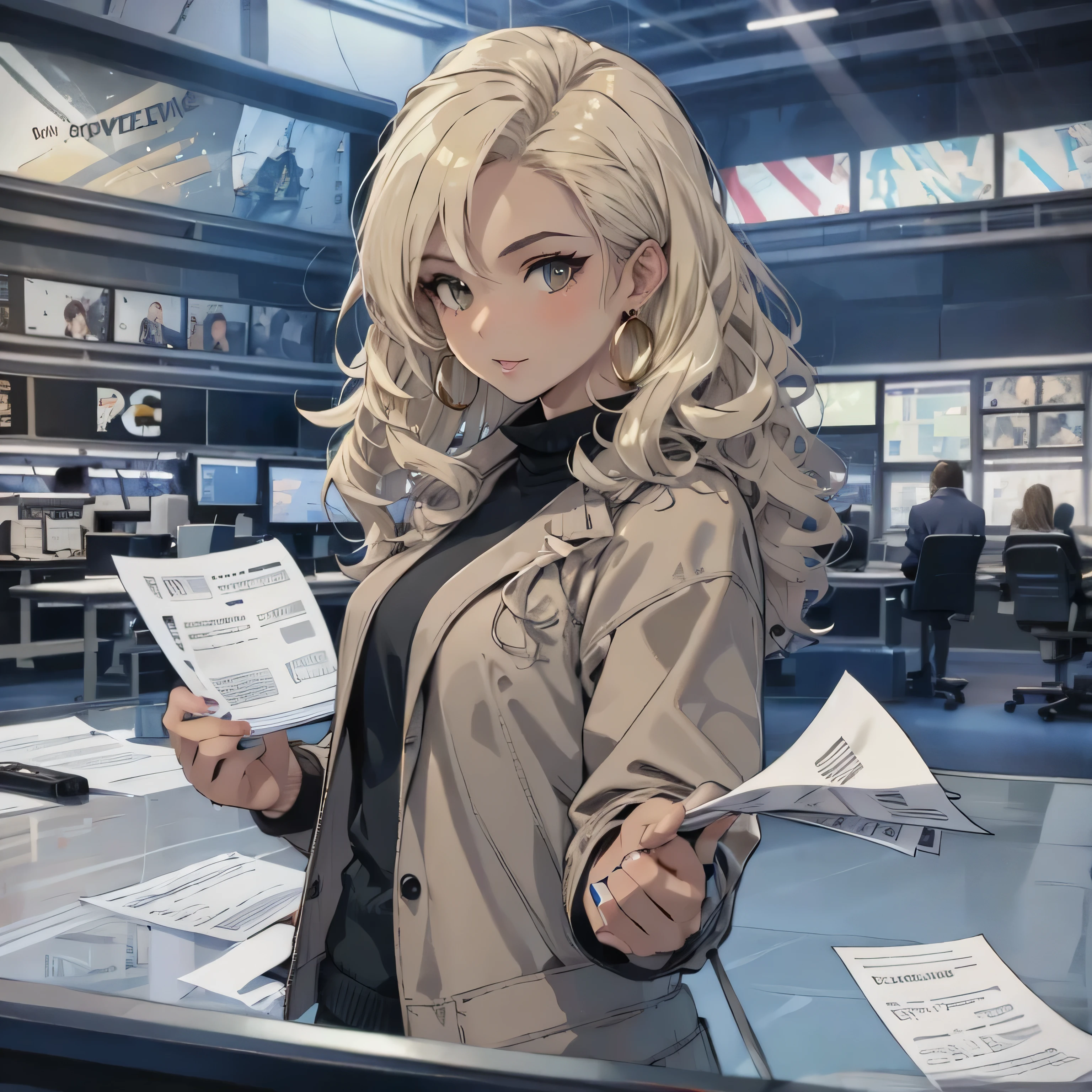 JS_News,leading news,in news studio,sits by the table,1 girl, brown skin, blonde curly hair, laptop on the table,papers on the table, professional attire, gray jacket, big gold ring earrings , perfect hands