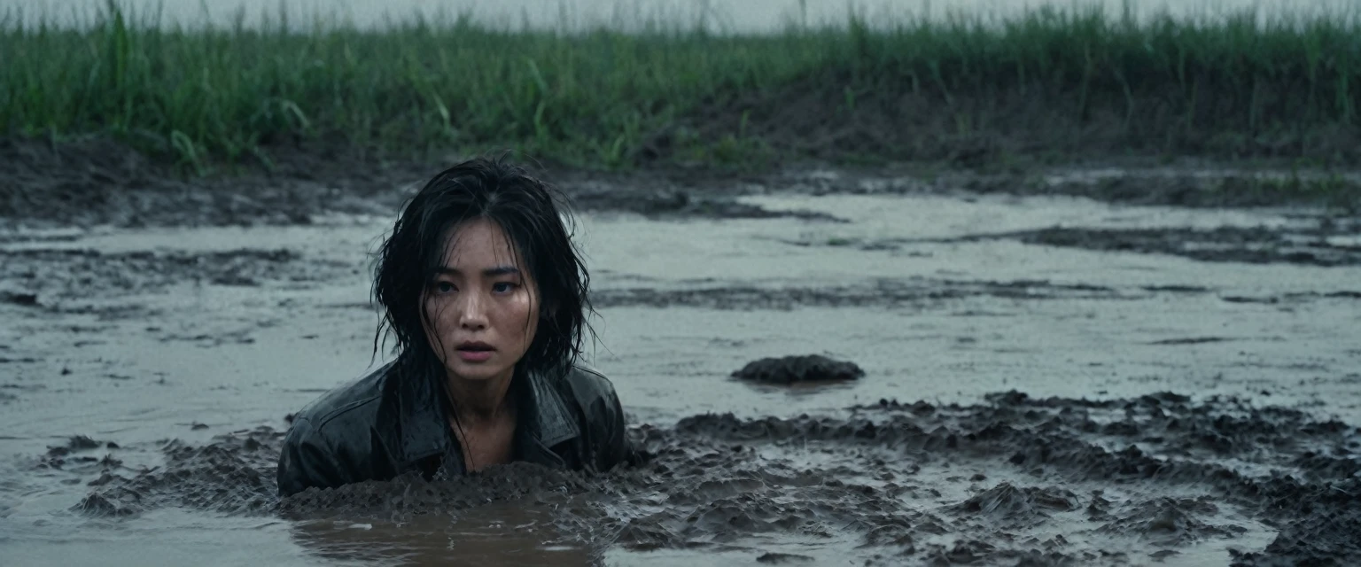 8k, ultra-detailed, from afar view:1.5, documentary drama photo, grainy film photo, masterpiece,muted colors, muffled light, dusk, rainy, moody, ????, drowning,  woman messy (small head) completely drown in mud hole, shame expression, messy brunette hair, depraved outfit,asian:0.5, from afar view, faded leather jacket,,