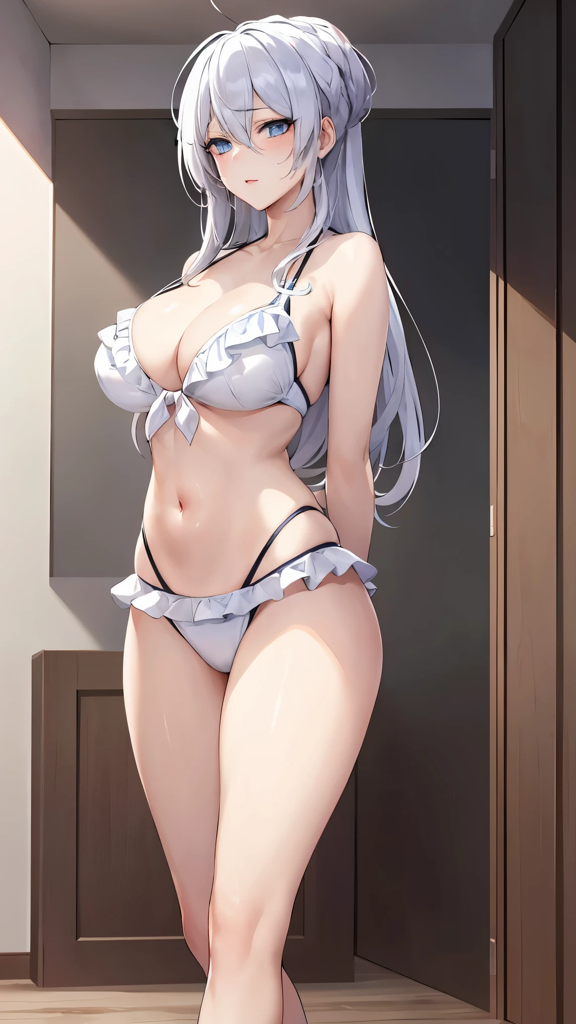 Silver hair and blue eyes,
BREAK (swimsuit, frilled bikini, white bikini, front-tie top:1.2),
BREAK full bodyesbian,Standing on the ground,Slim,long leges,Stand up straight,nothing background,Slim,extra long leg,A sagging breast,arms behind back,
BREAK ((top quality, 8k, masterpiece: 1.3, ultra hd, high quality, best quality, high definition, realism)), sharp focus: 1.5, Beautiful woman with Slim body, (perfect hands, perfect anatomy),
