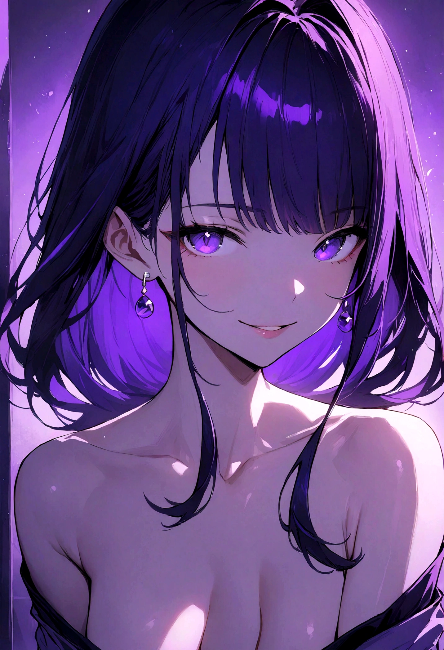 masterpiece, best quality,1girl,raiden shogun,purple theme,earring,jewelry,parted lips, smile,looking at viewer,collarbone