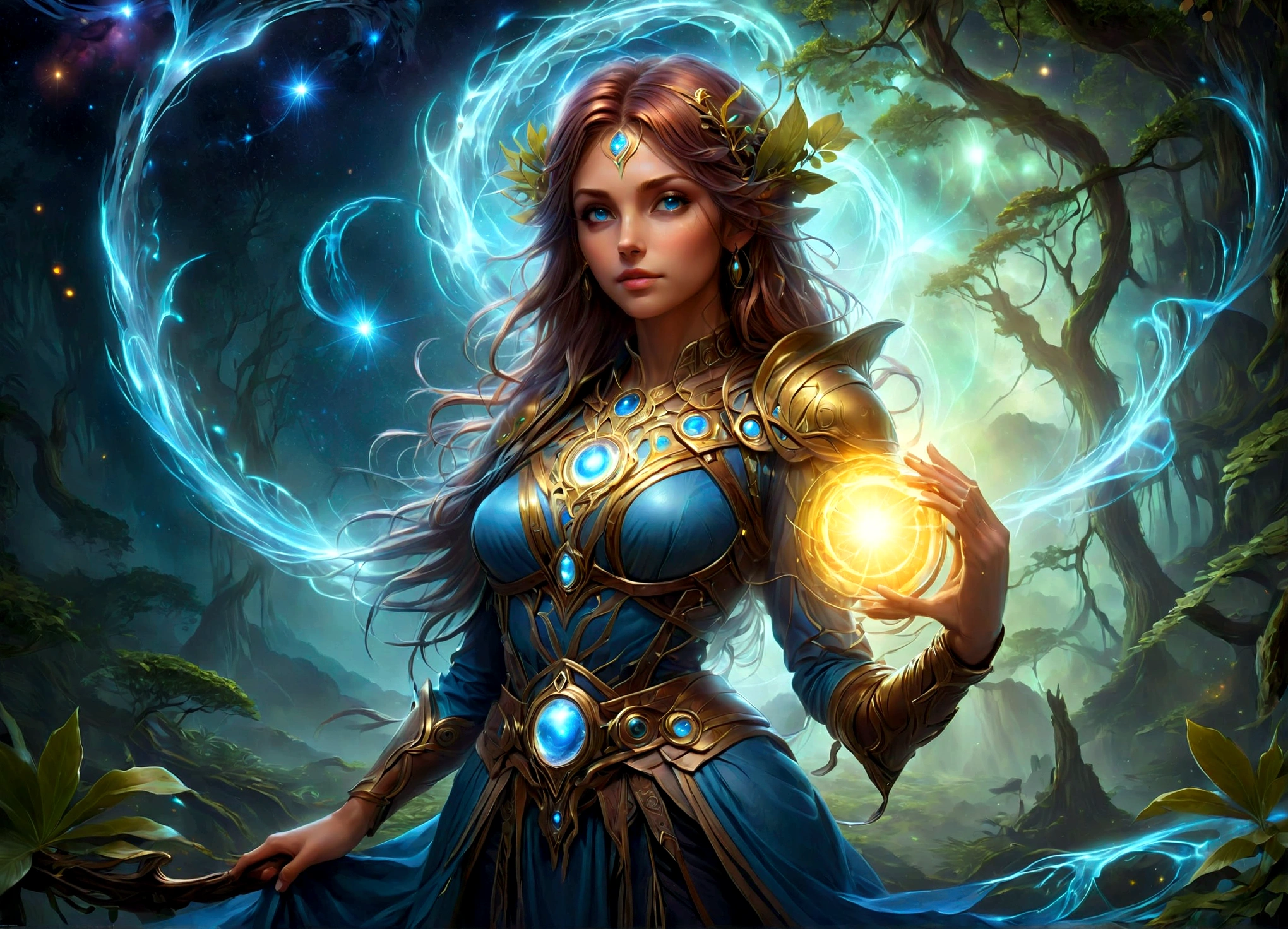 high details, best quality, 16k, [ultra detailed], masterpiece, best quality, (extremely detailed), dynamic angle, ultra wide shot, photorealistic, ((fantasy art)), dnd art, rpg art, realistic art, female human druid of the stars, guardian of nature, controlling magical energy made of stars, swirling blue stary magical light, divine symbols, DruidMagicAI (intricate details, Masterpiece, best quality: 1ץ5), human female,  extremally beautiful, ultra feminine, dynamic hair, dynamic hair color, wearing leather armorת holding a staff, moon light, stars, dynamic natural background,  RPG art, magical atmosphere magic-fantasy-forest, ultra best realistic, best details, best quality, 16k, [ultra detailed], masterpiece, best quality, (extremely detailed), ultra wide shot, photorealism, depth of field, hyper realistic painting, aetherpunkai