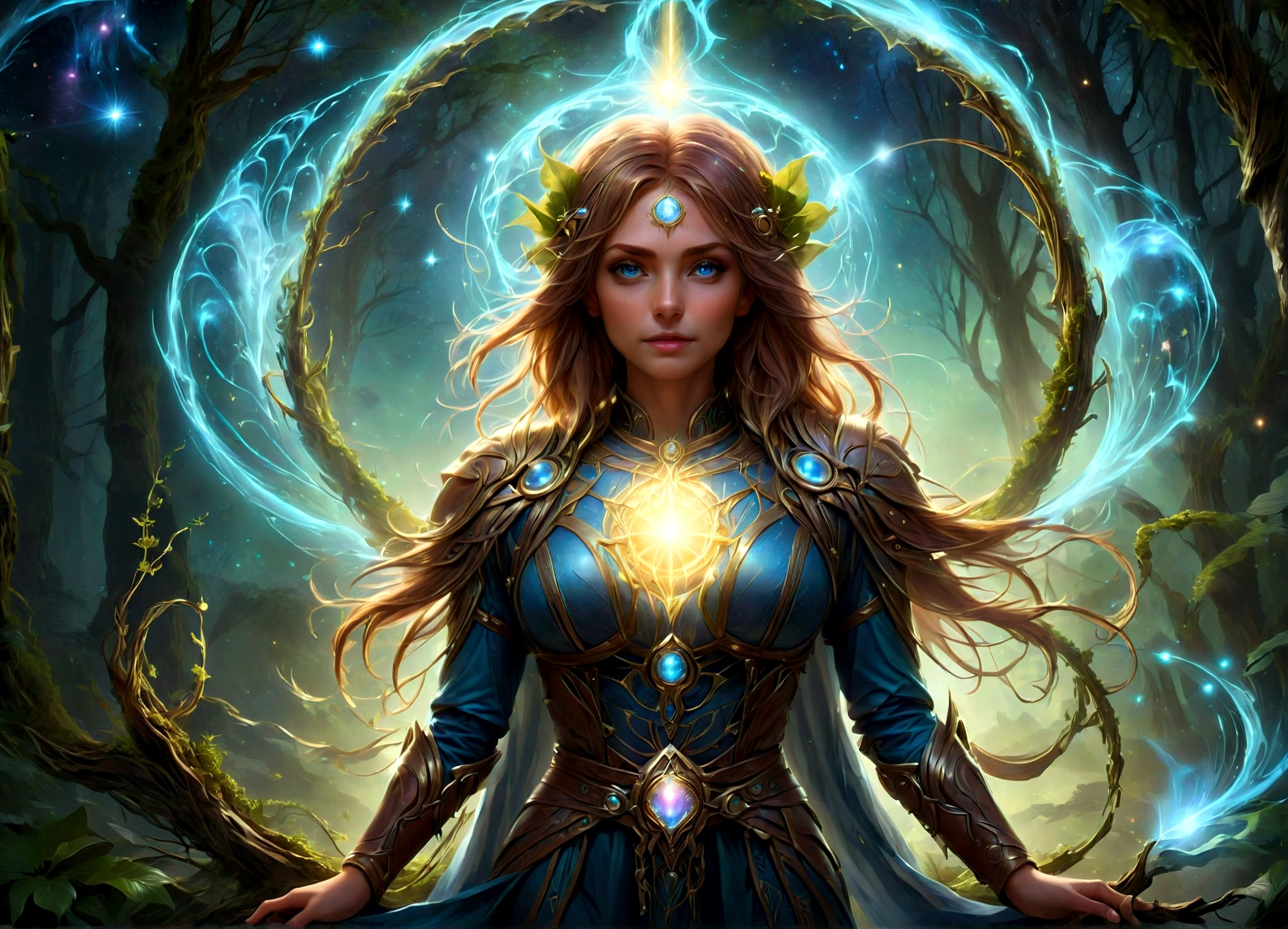 high details, best quality, 16k, [ultra detailed], masterpiece, best quality, (extremely detailed), dynamic angle, ultra wide shot, photorealistic, ((fantasy art)), dnd art, rpg art, realistic art, female human druid of the stars, guardian of nature, controlling magical energy made of stars, swirling blue stary magical light, divine symbols, DruidMagicAI (intricate details, Masterpiece, best quality: 1ץ5), human female,  extremally beautiful, ultra feminine, dynamic hair, dynamic hair color, wearing leather armorת holding a staff, moon light, stars, dynamic natural background,  RPG art, magical atmosphere magic-fantasy-forest, ultra best realistic, best details, best quality, 16k, [ultra detailed], masterpiece, best quality, (extremely detailed), ultra wide shot, photorealism, depth of field, hyper realistic painting, aetherpunkai