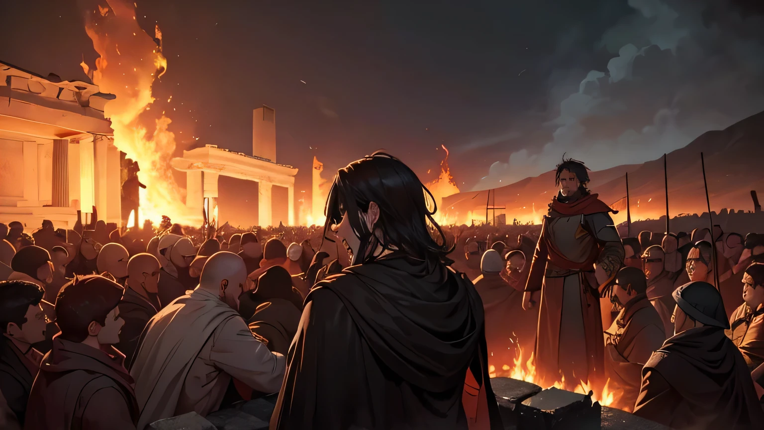 a burning of Christians in 1st century Greek city,terrified people tied to posts,screaming in agony,intense flames,smoke billowing,chaotic scene,dramatic lighting,dark moody colors,gritty realistic style,cinematic composition,masterpiece,best quality,8k,ultra-detailed,photorealistic,physically-based rendering,vivid colors