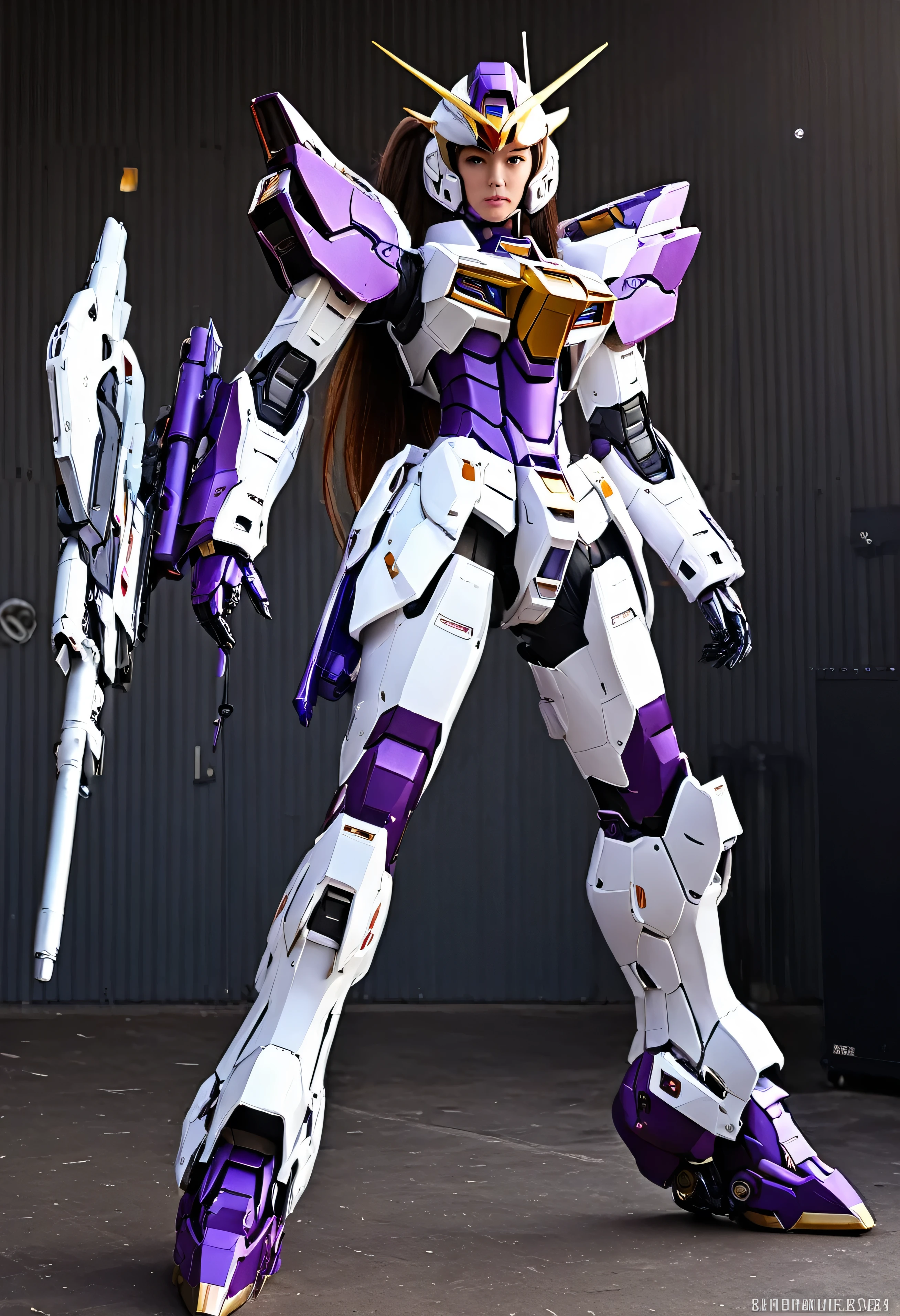 RAW, Masterpiece, Ultra Fine Photo,, Best Quality, Ultra High Resolution, Photorealistic, Sunlight, Full Body Portrait, Stunningly Beautiful,, Dynamic Poses, Delicate Face, Vibrant Eyes, a full body of a woman in a purple and white gundam custume, dybamic pose, long brown very very long hair rapunzel, girl in mecha cyber armor, portrait armored astronaut girl, d. va from overwatch, female mecha, on a gundam, gundam head, chiho aoshima color scheme, mobile suit, streamlined purple armor, fully robotic!! girl, realistic cosplay, gundam armor , full body, sit down, full body, sedang menggunakan headset virtual reality (VR) dan memegang pengendali, sementara ada drone di latar belakang. Sit down