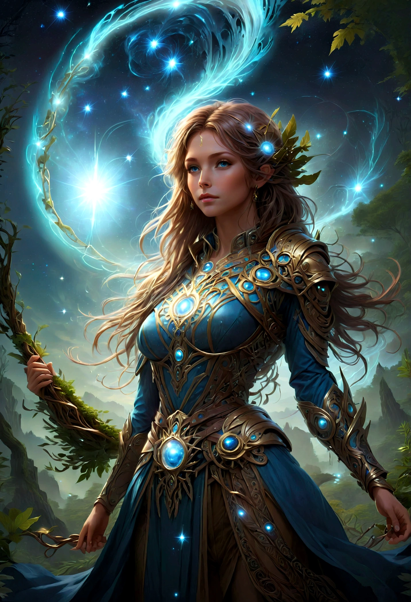 high details, best quality, 16k, [ultra detailed], masterpiece, best quality, (extremely detailed), dynamic angle, ultra wide shot, photorealistic, ((fantasy art)), dnd art, rpg art, realistic art, female human druid of the stars, guardian of nature, controlling magical energy made of stars, swirling blue stary magical light, divine symbols, DruidMagicAI (intricate details, Masterpiece, best quality: 1.5), human female, extremally beautiful, ultra feminine, dynamic hair, dynamic hair color, wearing leather armorת holding a staff, moon light, stars, dynamic natural background, RPG art, magical atmosphere magic-fantasy-forest, ultra best realistic, best details, best quality, 16k, [ultra detailed], masterpiece, best quality, (extremely detailed), ultra wide shot, photorealism, depth of field, hyper realistic painting, aetherpunkai