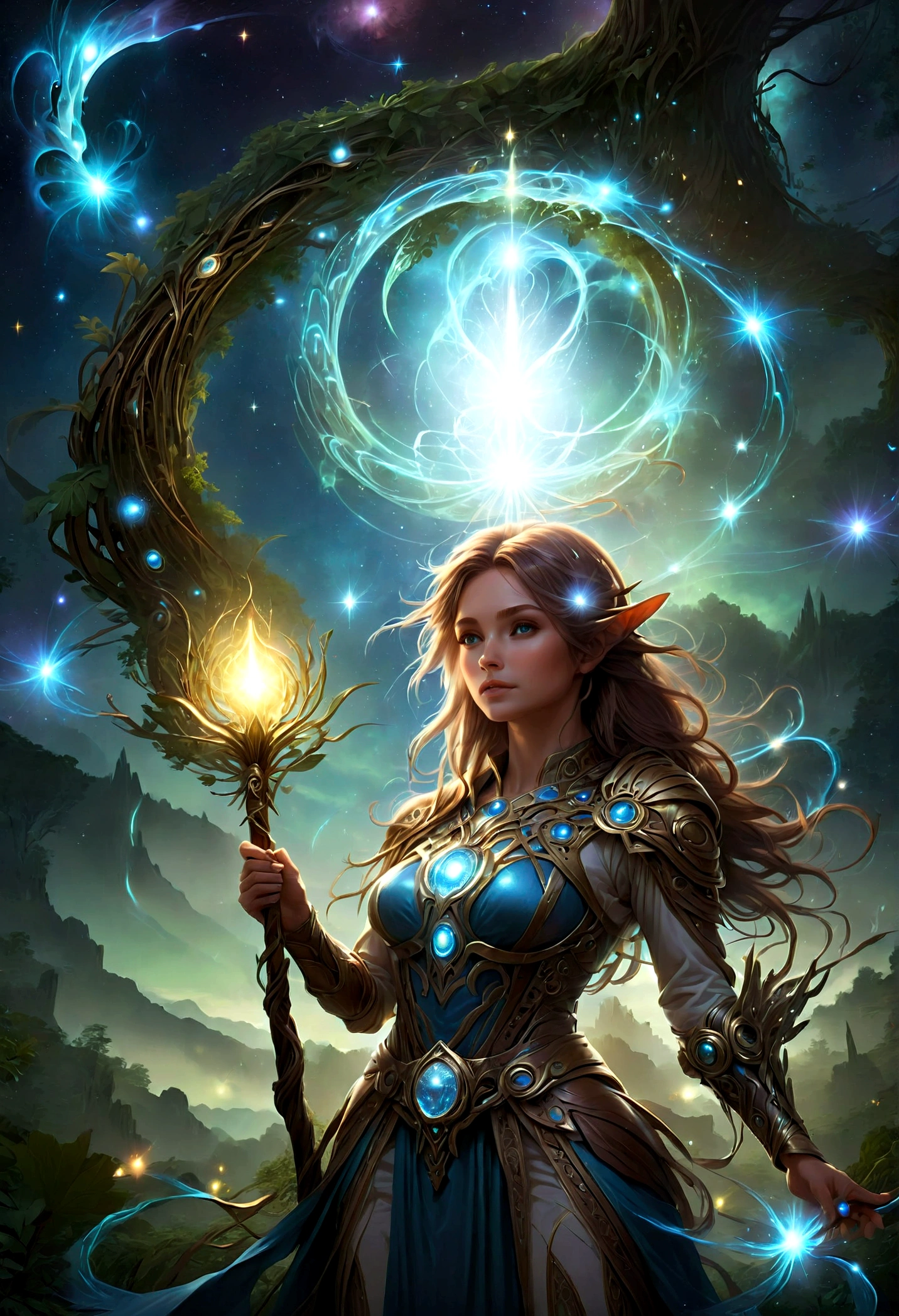 high details, best quality, 16k, [ultra detailed], masterpiece, best quality, (extremely detailed), dynamic angle, ultra wide shot, photorealistic, ((fantasy art)), dnd art, rpg art, realistic art, female human druid of the stars, guardian of nature, controlling magical energy made of stars, swirling blue stary magical light, divine symbols, DruidMagicAI (intricate details, Masterpiece, best quality: 1.5), human female, extremally beautiful, ultra feminine, dynamic hair, dynamic hair color, wearing leather armorת holding a staff, moon light, stars, dynamic natural background, RPG art, magical atmosphere magic-fantasy-forest, ultra best realistic, best details, best quality, 16k, [ultra detailed], masterpiece, best quality, (extremely detailed), ultra wide shot, photorealism, depth of field, hyper realistic painting, aetherpunkai
