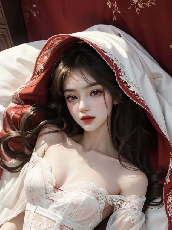 (original photo，best quality），（lifelike，Photo lifelike：1.3），best quality，Very detailed，masterpiece，Ultra Detailed，illustration，1 girl，Predominant_Body, slim figure, Beautiful_Legs. an intimate woman, (lying on RED-FABRIC: 1.2), long wavy hair, BLACK hair, (wearing PURE-WHITE-LACE-DRESS: 1.2). 