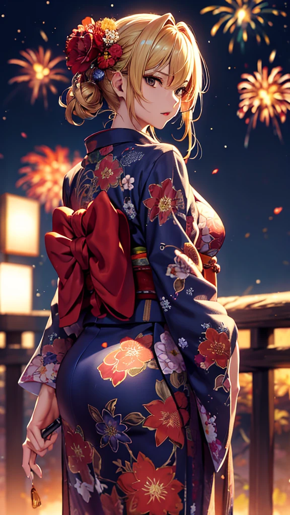 masterpiece, high quality, 4K, Beautiful design, silhouette,blonde, 非常に詳細な夜のStarry Sky,Flower Field, wonderful, Finer details, Very knowledgeable woman, Highly detailed solo, 1 female,Big Breasts,Big Butt,Red color yukata,Night view,Starry Sky,Fireworks in the background,