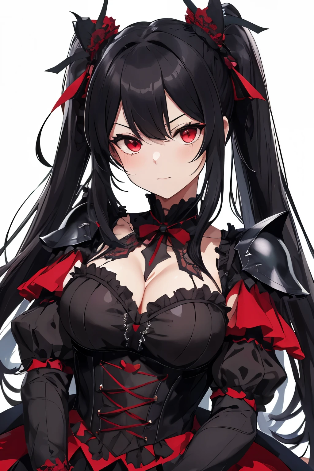 high resolution、high quality、A woman in a gothic dress holding a great sword、noble、Great style、blackい頭髪、（Vertical roll hair、Twin tail hairstyle）Red Eyes、A faint smile、Confused eyes、she is a warrior、blackいゴシックドレス（black、Quality、Noble、armor、Putting on the Armor、Frills、collar、ribbon、Frillsスカート、Waist wrap、blackストッキング、High heels）、Right Hand Great Sword（black鉄、Huge、This great sword is bigger than a woman、Gorgeous、Destructive power）、Devil&#39;s Castle、Cowboy Shot、Dynamic Pose