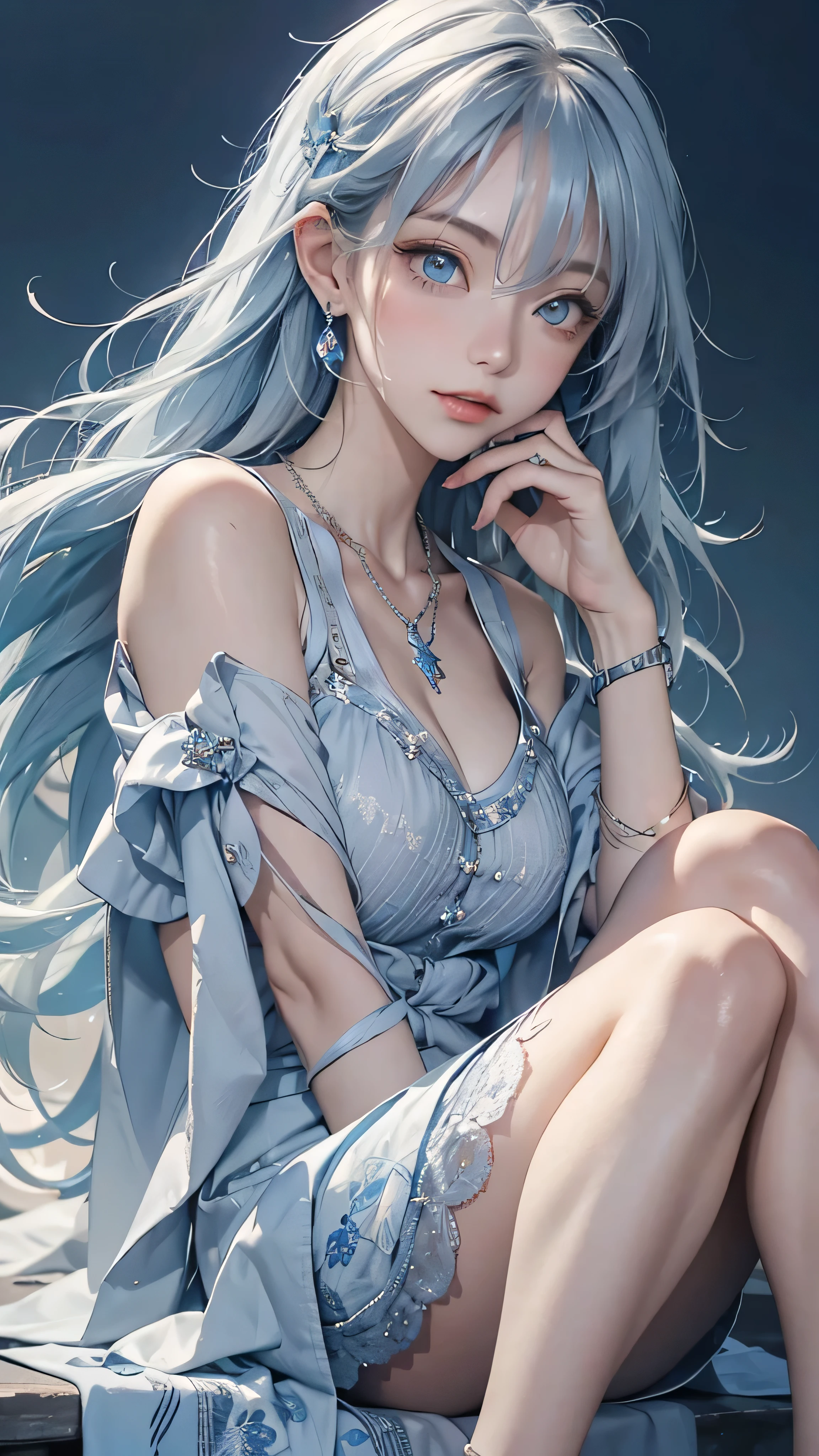 1 Girl, blue eyes, Blue nails, Solitary, Blue Hair, Jewelry, gem, Put your hands on your face, Necklace, looking at the audience, blue theme, long hair, Nail polish, white hair, blue gemstone, Bangs, eyelash, water, Hair covering one eye, Open your mouth, blue Necklace, water crystal, Put your hand on your cheek, hy style, beautiful eyes