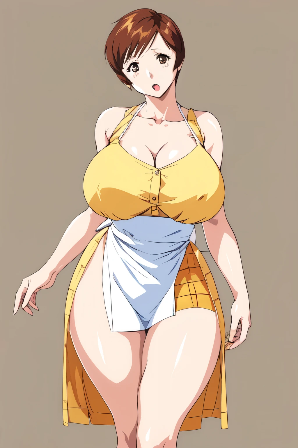 masterpiece, highest quality, High resolution, 1girl, solo, sexual intercourse, Pornographic image, short hair, etsukoto, brown eyes, fine grain, fine grain, (((Thick thighs, Plump thighs, Voluptuous thighs, Thighs are enough))), huge and ample breasts, Cleavage, Huge long breasts, Naughty big,((huge breasts are important))、((Naughty thighs)), L Cup, (thin:1.4),(Tight waist:1.4),  (yellow dress:1.4), ((white waist apron)), white panties, expressionless face, clear face, ((:o)), head tilt, (((Simple Background))), ((Wide Hips)), Shiny, Oily skin, Mature mother, Calf, Seductive mature woman, Perfect body, Plus Size Model, etsukoto, clavicle, retro artstyle, 1990s (style), [[from side]], nsfw,