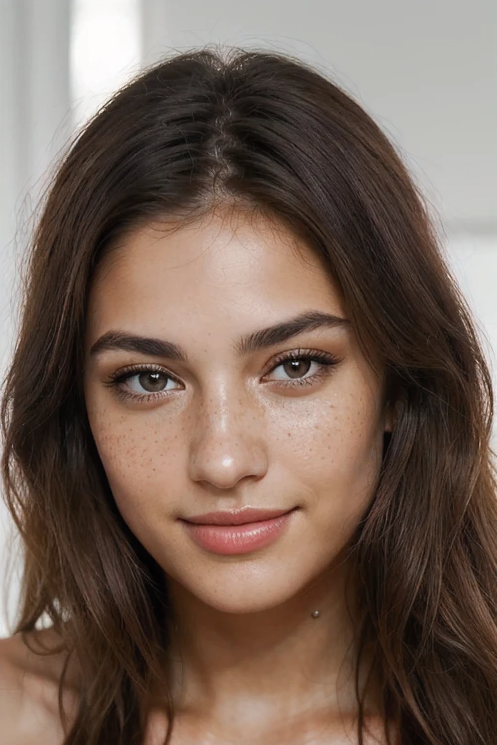 Create a photorealistic image of the face of a young, brunette woman of Latin origin, with captivating beauty and a lightly tanned complexion. His face must be harmonious and detailed, reflecting radiant and natural skin. Ses cheveux bruns, long and slightly wavy, encadrent délicatement son visage, falling in light strands.

Ses yeux sont grands et expressifs, d'une couleur noisette profonde, avec des cils longs et épais qui ajoutent de l'intensité à son regard. Son regard doit être vivant, with realistic details like light reflections and natural iris texture. Her eyebrows are well defined, thick but elegant, ajoutant de la structure à son visage.

Her lips are full and slightly pink, avec une texture naturelle et des nuances subtiles pour un effet réaliste. They form a sweet and seductive smile, révélant des dents blanches et bien alignées. Her cheekbones are slightly protruding, adding dimension to her face.

Additional details :

    La texture de sa peau doit montrer de légères imperfections naturelles, such as small freckles or slight redness, pour un effet réaliste.
    Her cheeks have a slight rosy tint, indicating good health and vibrant youth.
    Les ombres et les reflets sur son visage doivent être subtilement rendus pour créer une profondeur réaliste.
    Her hair strands should have detailed texture, with light reflections capturing their natural shine.