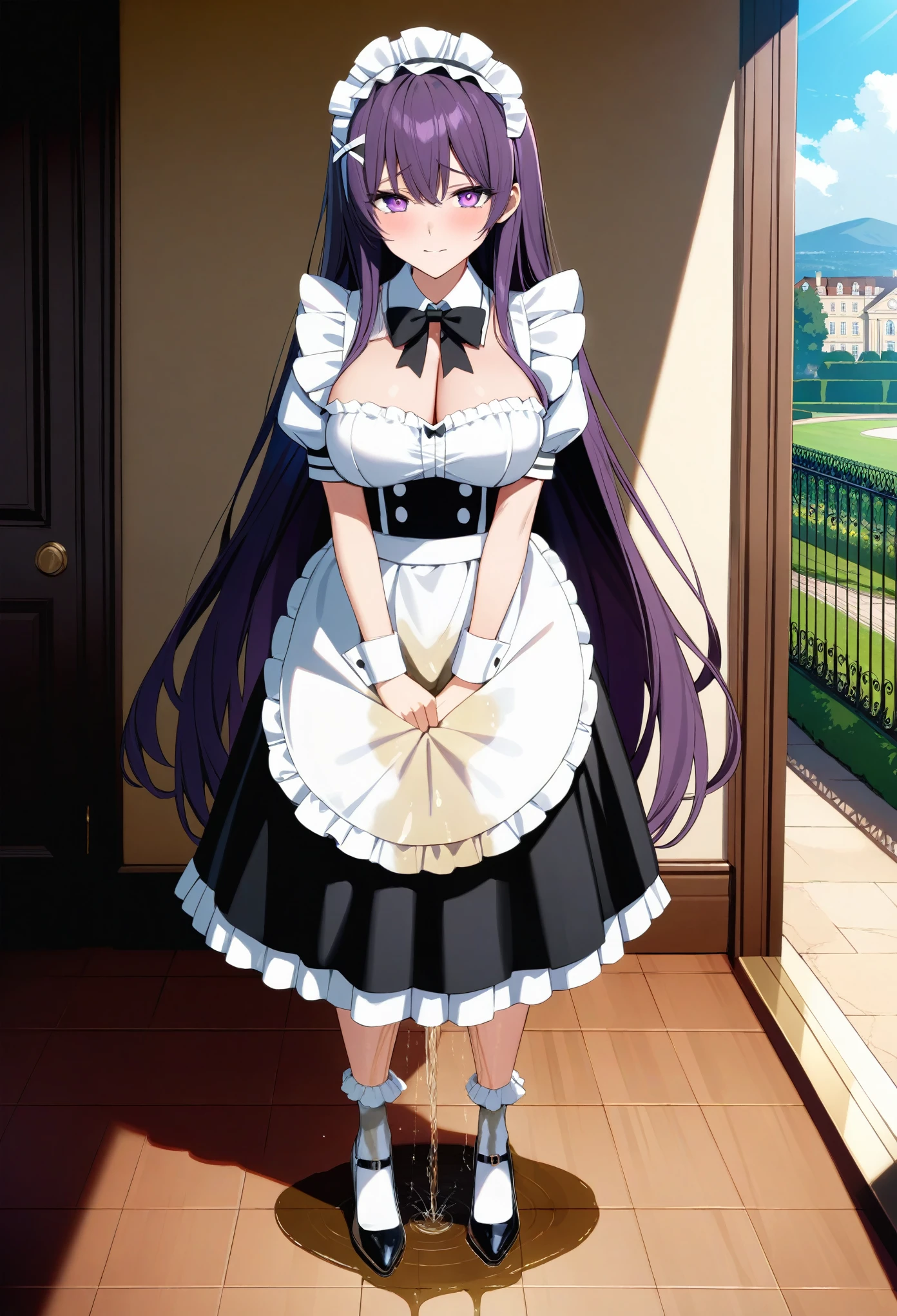 (masterpiece:1.37), best quality, (extremely detailed:1.37), luxurious mansion, inside, interior, woman, mature, (very long hair:1.25), dark purple hair, purple eyes, (extremely detailed eyes:1.37) shining eyes, breasts, maid uniform, (very long maid uniform:1.5), (wetting herself:1.5), (standing:1.5), embarrassed, humiliation, blushing, (expressionless:1.5), bowing, day, daytime, glow, looking at viewer, perfect composition, Perfect light and shadow, 8K, full body, (dignified expression:1.5)