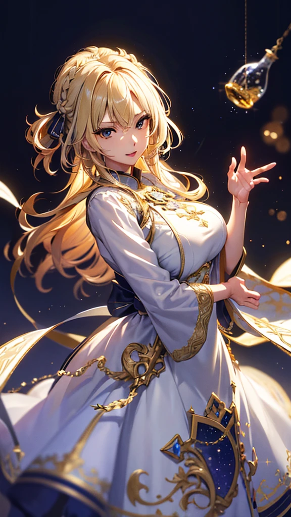 masterpiece, high quality, 4K, Beautiful design, silhouette，blonde， 非常に詳細な夜のStarry Sky,Glass Kingdom，Glass World，Glass Castle， wonderful, Finer details,  Very knowledgeable woman, Highly detailed solo, 1 female,Big Breasts， Pure white dress，Night view，Starry Sky，