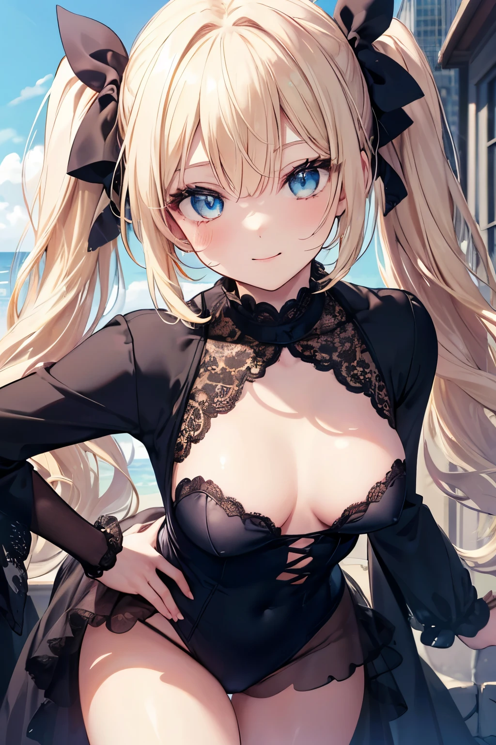 ((super masterpiece))、blonde、blue eyes、girl、Small breasts、Twin tails、girl、Small breasts、Lolita、Bright smile、Looks about 、Petan Musume、Lolita、Small breasts、Eye highlights、Sexy thighs、Walking Outside、blue sky、(Real Detail:1.5)、(( Fine Eyes, Beautiful Eyes, Perfect Eyes,Curl your eyelashes, Realistic eyes))、