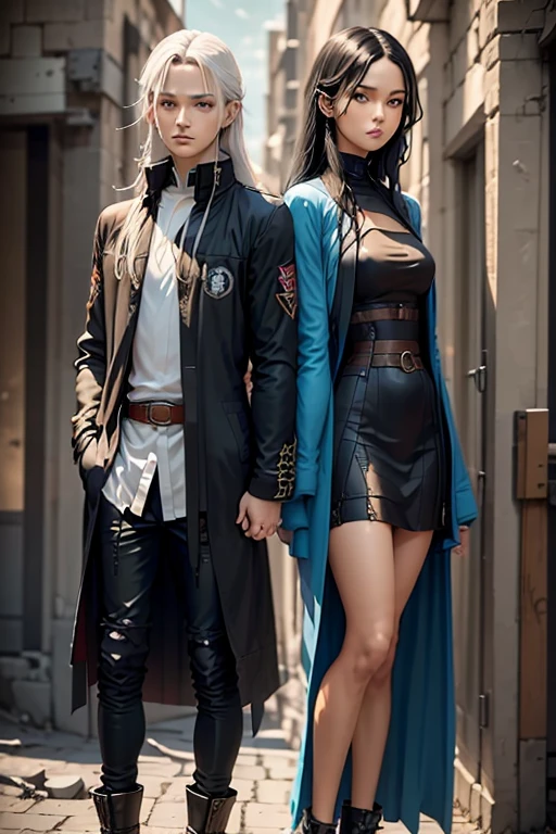 Girl and the boy stand with their backs to each other. A necromancer girl, she has long black hair and blue eyes; she is beautiful, she is about 19 years old; She is dressed in the robes of an adept. The man is an airbender; he has long white hair and blue eyes; He is dressed in the robes of an academy teacher or in a long jacket with some kind of emblem. In the background, there may be a picture of the academy and a light magic mist, from which skulls appear.