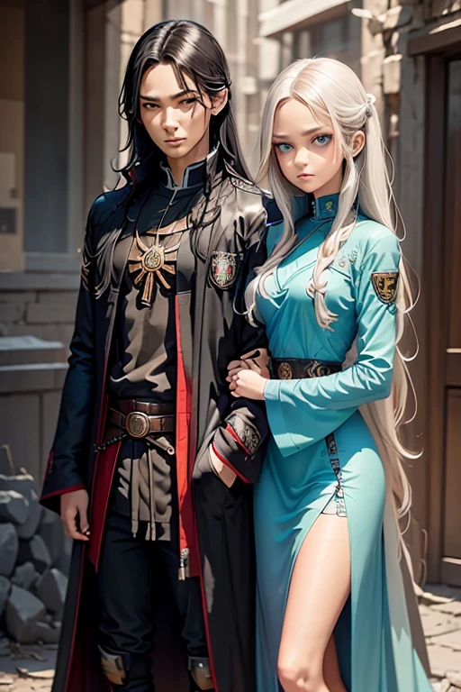 Girl and the boy stand with their backs to each other. A necromancer girl, she has long black hair and blue eyes; she is beautiful, she is about 19 years old; She is dressed in the robes of an adept. The man is an airbender; he has long white hair and blue eyes; He is dressed in the robes of an academy teacher or in a long jacket with some kind of emblem. In the background, there may be a picture of the academy and a light magic mist, from which skulls appear.