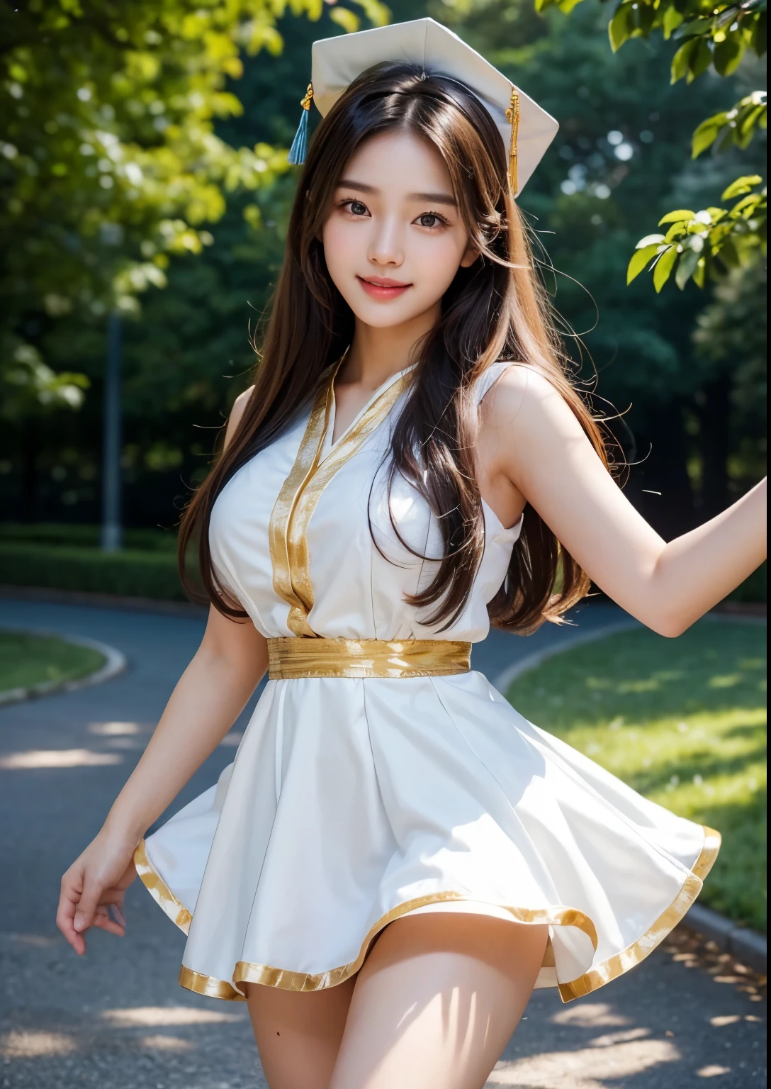 a beautiful 18 year old korean girl in a university costume with an above knee length dress, graduation taking costume, graduation cap, detailed face and eyes,flawless skin,long hair,elegant pose,beautiful detailed dress with intricate patterns,outdoor campus setting,golden hour lighting,vibrant colors,cinematic lighting,epic scale,highly detailed,photorealistic,masterpiece, beautiful face, realistic face, realistic skin, realistic smile, realistic atmosphere, every thing is realistic, cutest smile, realistic body, realistic body language, mouth watering beauty, upper body shot, cute face, stylish look, stylish angles, tempting eyes, realistic hands, realistic arms, realistic hand fingers, realistic legs, navel,