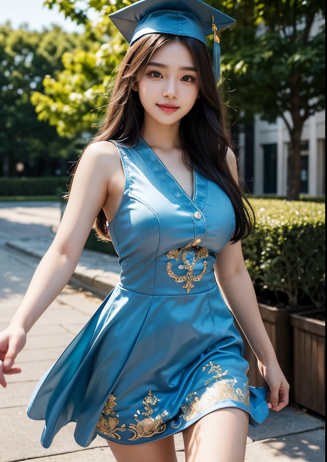 a beautiful 18 year old korean girl in a university costume with an above knee length dress, graduation taking costume, graduation cap, detailed face and eyes,flawless skin,long hair,elegant pose,beautiful detailed dress with intricate patterns,outdoor campus setting,golden hour lighting,vibrant colors,cinematic lighting,epic scale,highly detailed,photorealistic,masterpiece, beautiful face, realistic face, realistic skin, realistic smile, realistic atmosphere, every thing is realistic, cutest smile, realistic body, realistic body language, mouth watering beauty, upper body shot, cute face, stylish look, stylish angles, tempting eyes, realistic hands, realistic arms, realistic hand fingers, realistic legs, navel, 